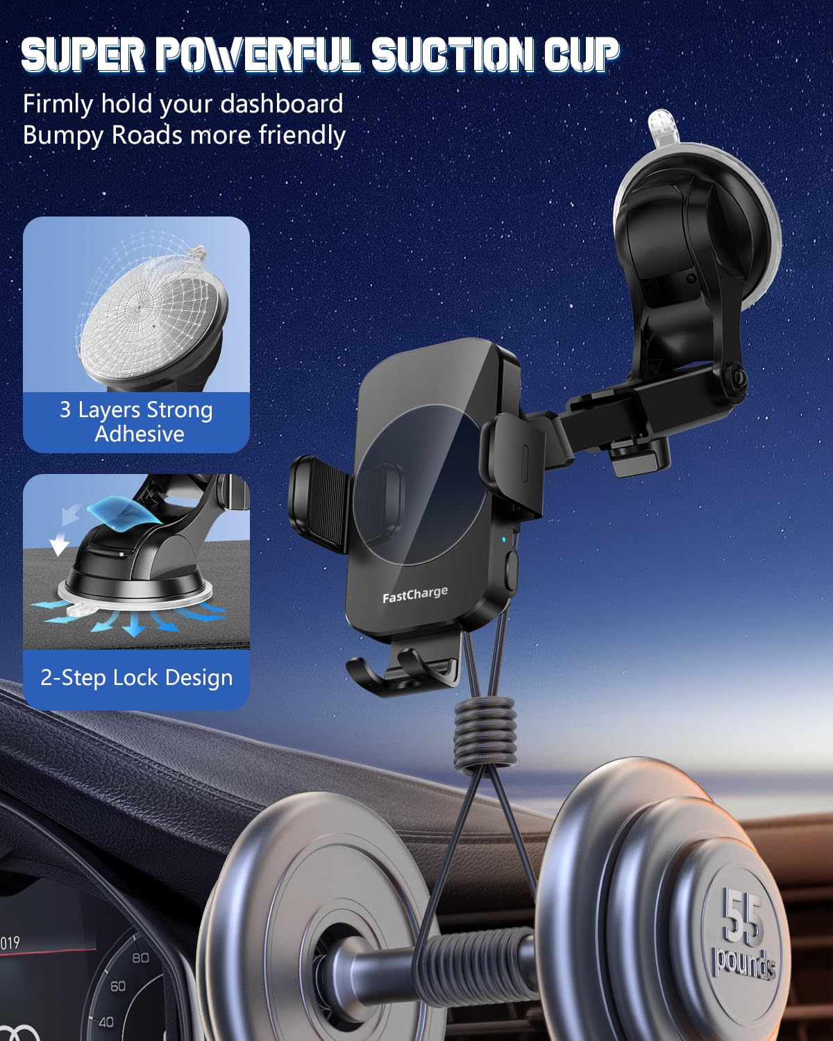 Wireless Car Charger, Fast Charging Phone Holder 3 in 1 Phone Mount Auto Clamping Car Accessories Compatible with iPhone 16 15 14 13 12 11 Xs XR, Samsung S23 Ultra S22 S21 S20/S10+ S9(Midnight Black)