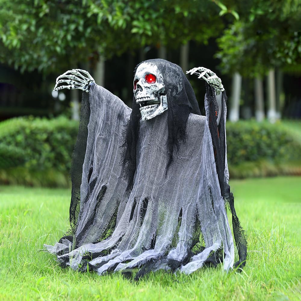 Screaming Halloween Decoration Animated Zombie Skeleton Ghosts with Motion Sensor Scary Sound and Flashing LED Eyes for Halloween Outdoor Indoor Yard Garden Decor(Black)