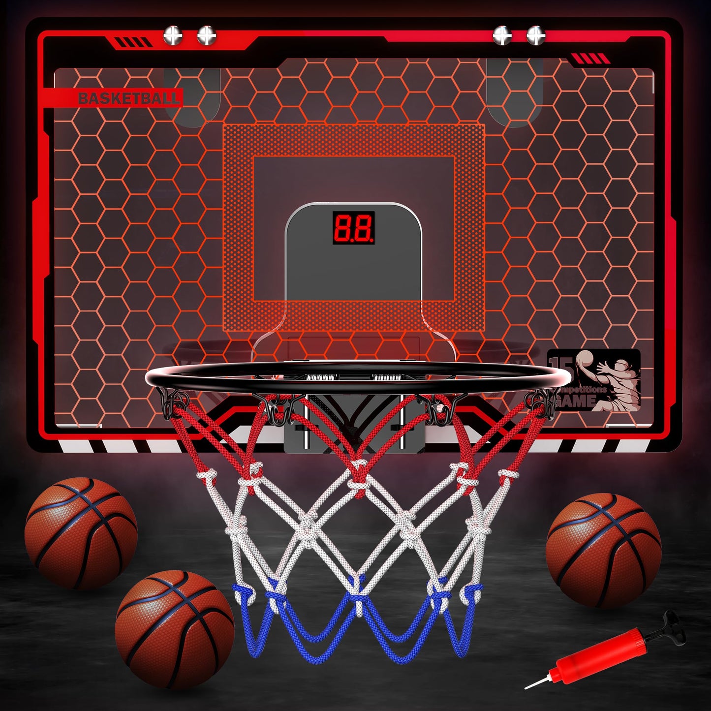 HopeRock Indoor Basketball Hoop, Over The Door Mini Basketball Hoops for Kids, with LED Light and Scoreboard, Birthday Gifts for 5 6 7 8 9 10 11 12 Years Old Boys Girls, Sports Toys