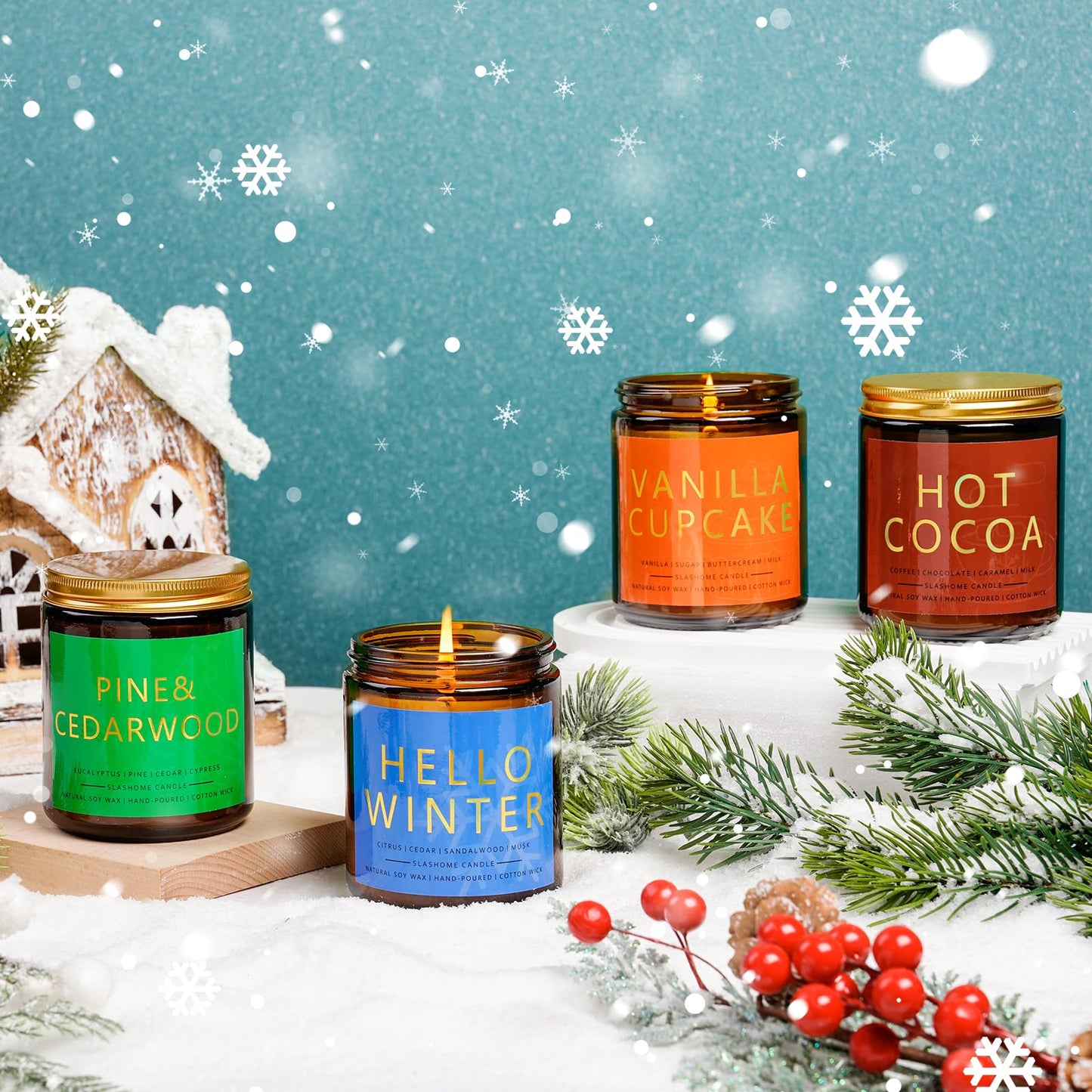 Winter Candle Set | 4 Pack Scented Candles for Home | Holiday Gifts for Women Men | Soy Candles for Home Scented | Christmas Scents of Hello Winter/Pine&Cedarwood/Hot Cocoa/Vanilla Cupcake