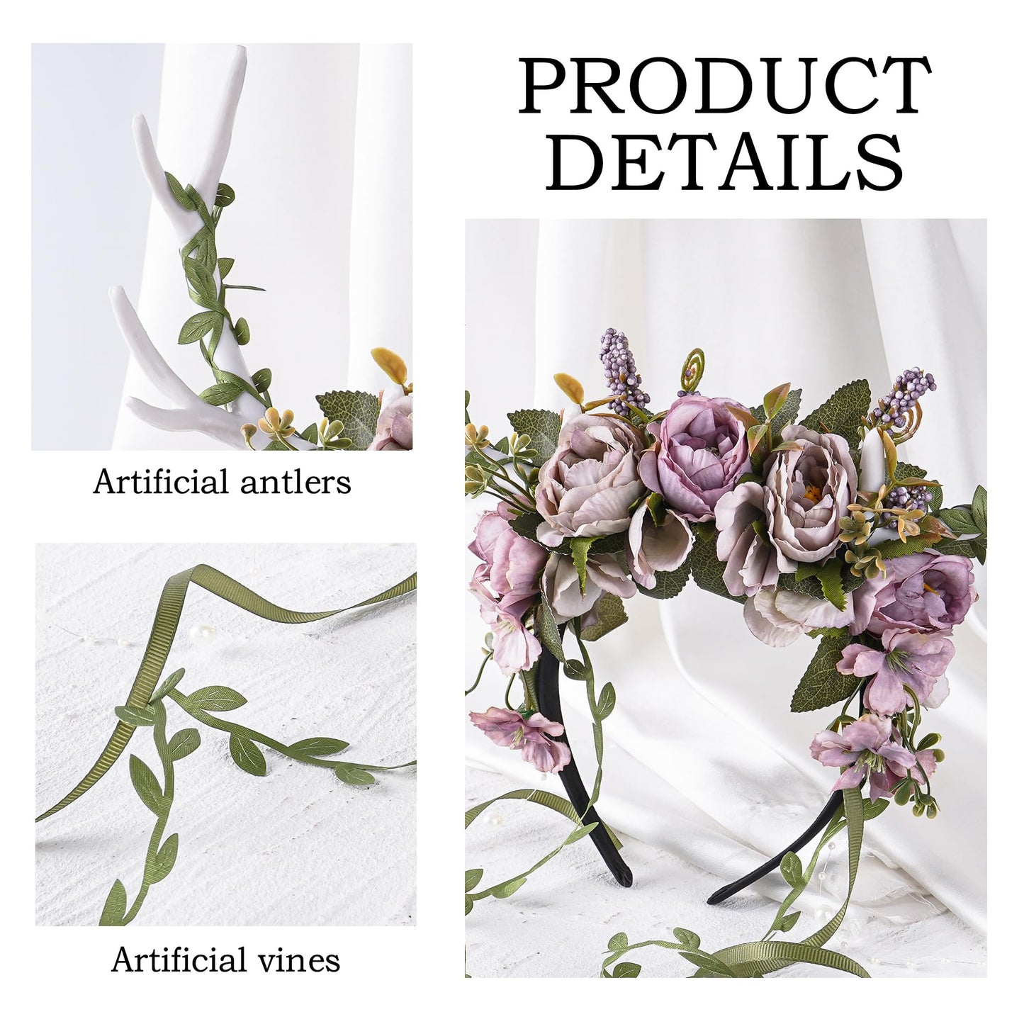 MOSTORY Fairy Deer Antler Headband - Purple Flower Reindeer Headband with Vines for Woodland Costume Women, Forest Floral Antlers Headpiece for Renaissance Accessories Cosplay Fantasy Photo Shoot
