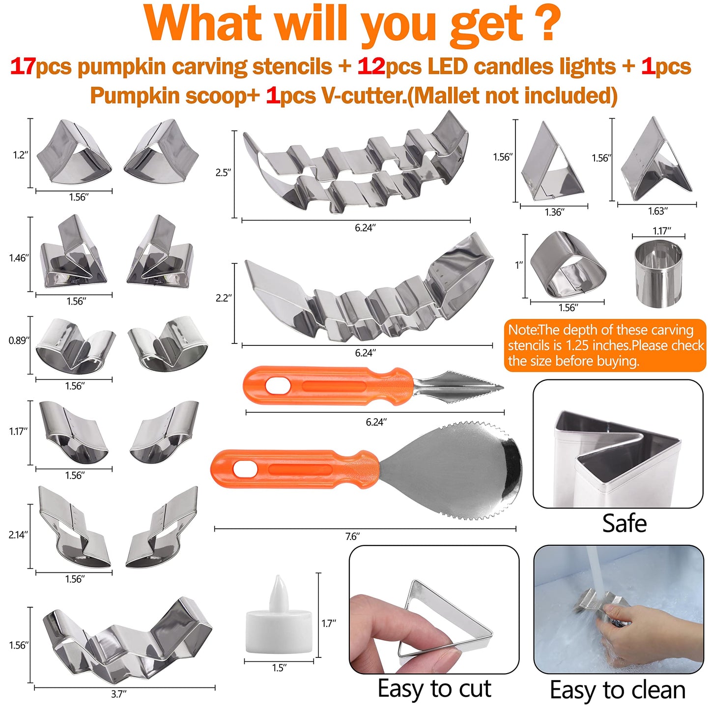 31PCS Pumpkin Carving Kit for Kids - Pumpkin Carving Tools Included Stainless Stencils with LED Candle Lights Halloween Decorations (Mallet Not Included)