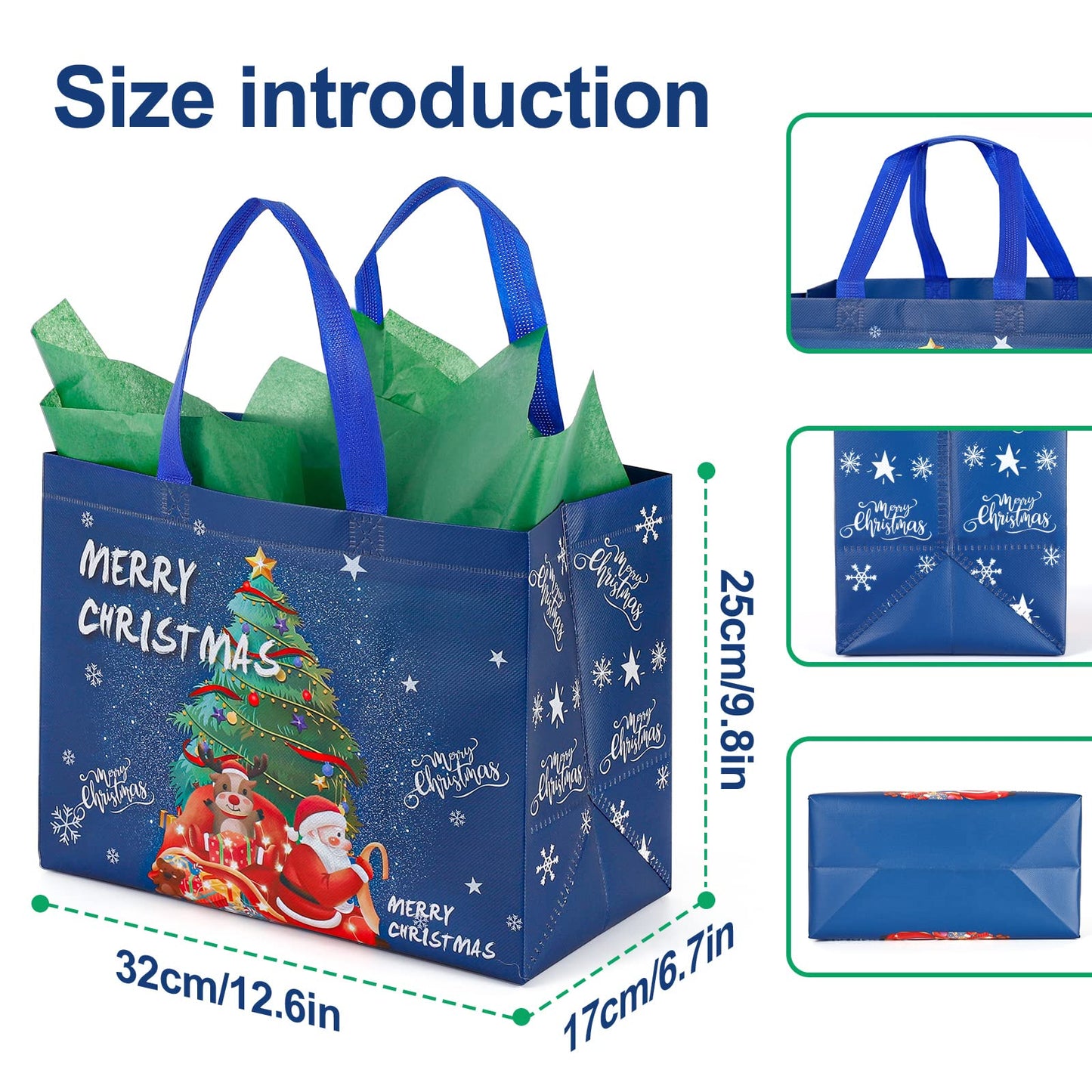 YANGTE 12 Pack 13" Large Christmas Gift Bags with Tissue Paper, Reusable Non-Woven Christmas Bag with Handles for Presents Wrapping, Shopping Xmas Party Supplies