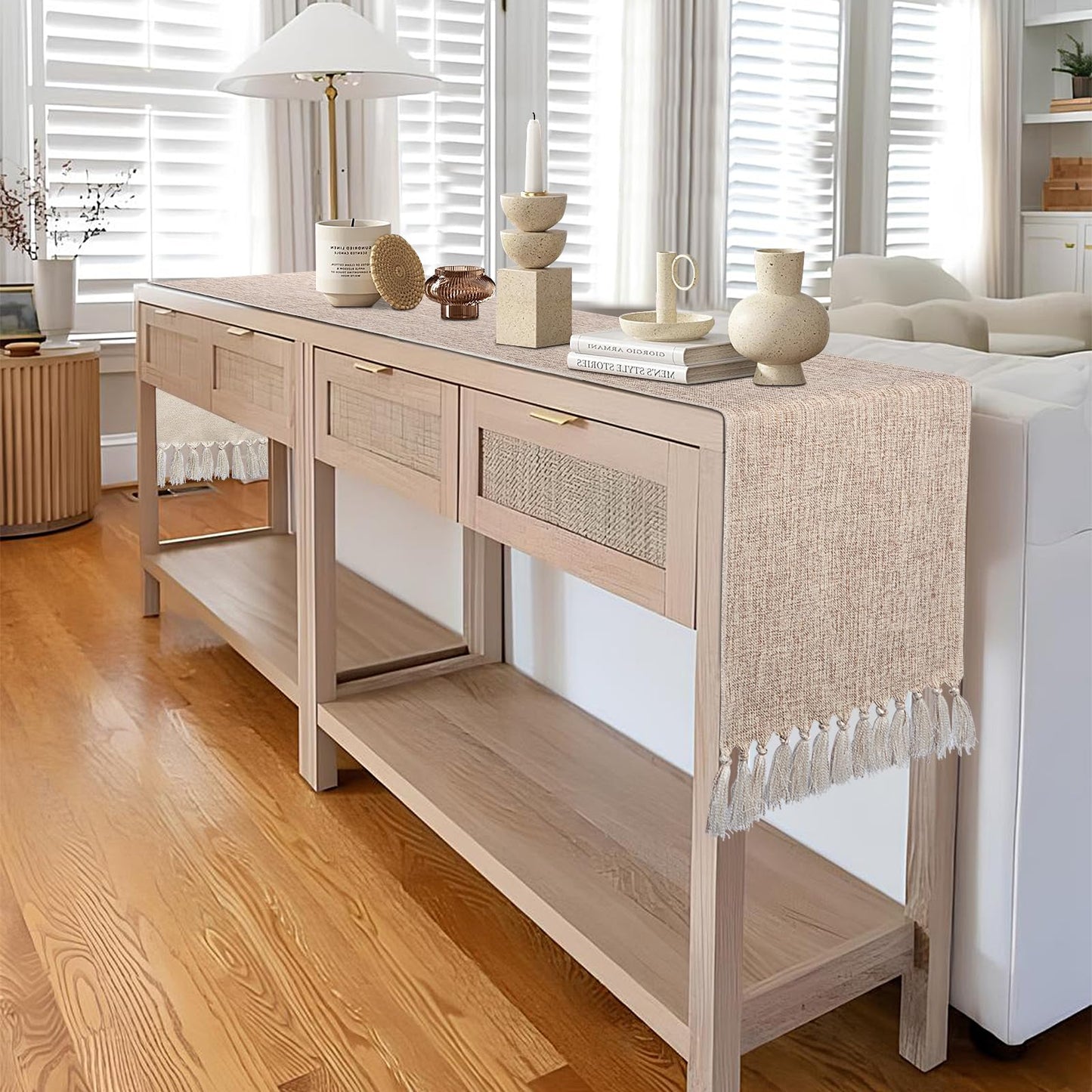 yuboo Boho Table Runner 108 inches Long, Rustic Farmhouse Dresser Runners for Bedroom, Dining Table, Summer Table Decor, Bridal Shower, Burlap Linen Table Runner (15x108 Tassels Included)