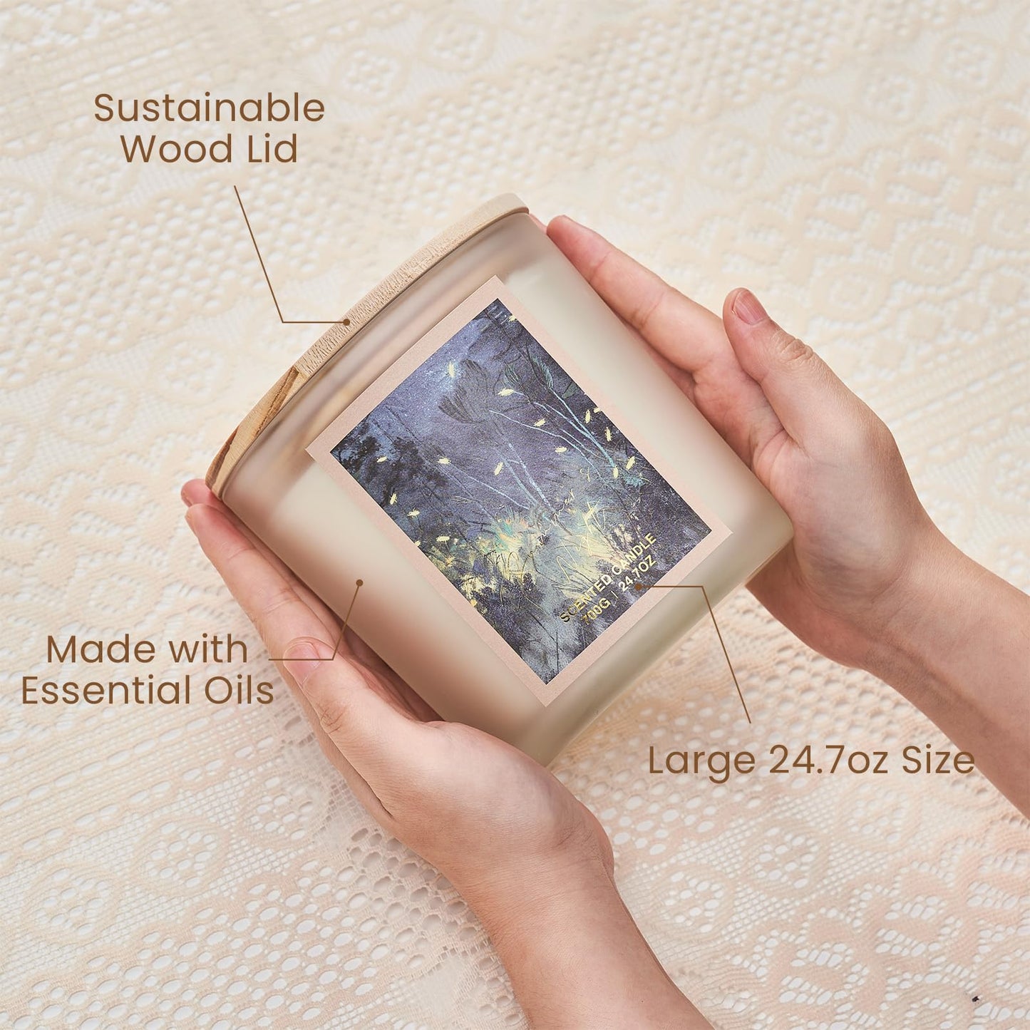 M&SENSE Large-Sized 3 Wick Summer's Night Calming Scented Candle, 24.7oz Soy Wax with Wooden Lid | 120 Hours Long Lasting Burn, Natural Jar Candle Gift for Stress Relief, Meditation, Relaxing SPA