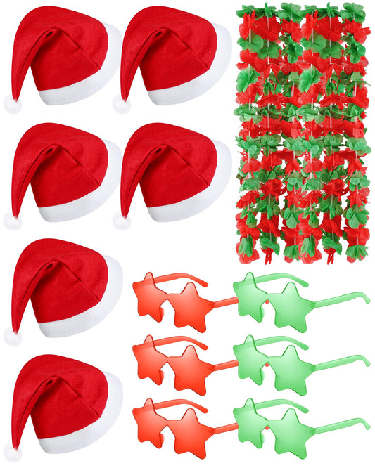 Mepase 18 Pcs Christmas in July Party Supplies Christmas Santa Hats Hawaiian Flower Leis Star Glasses for Adults Summer Party