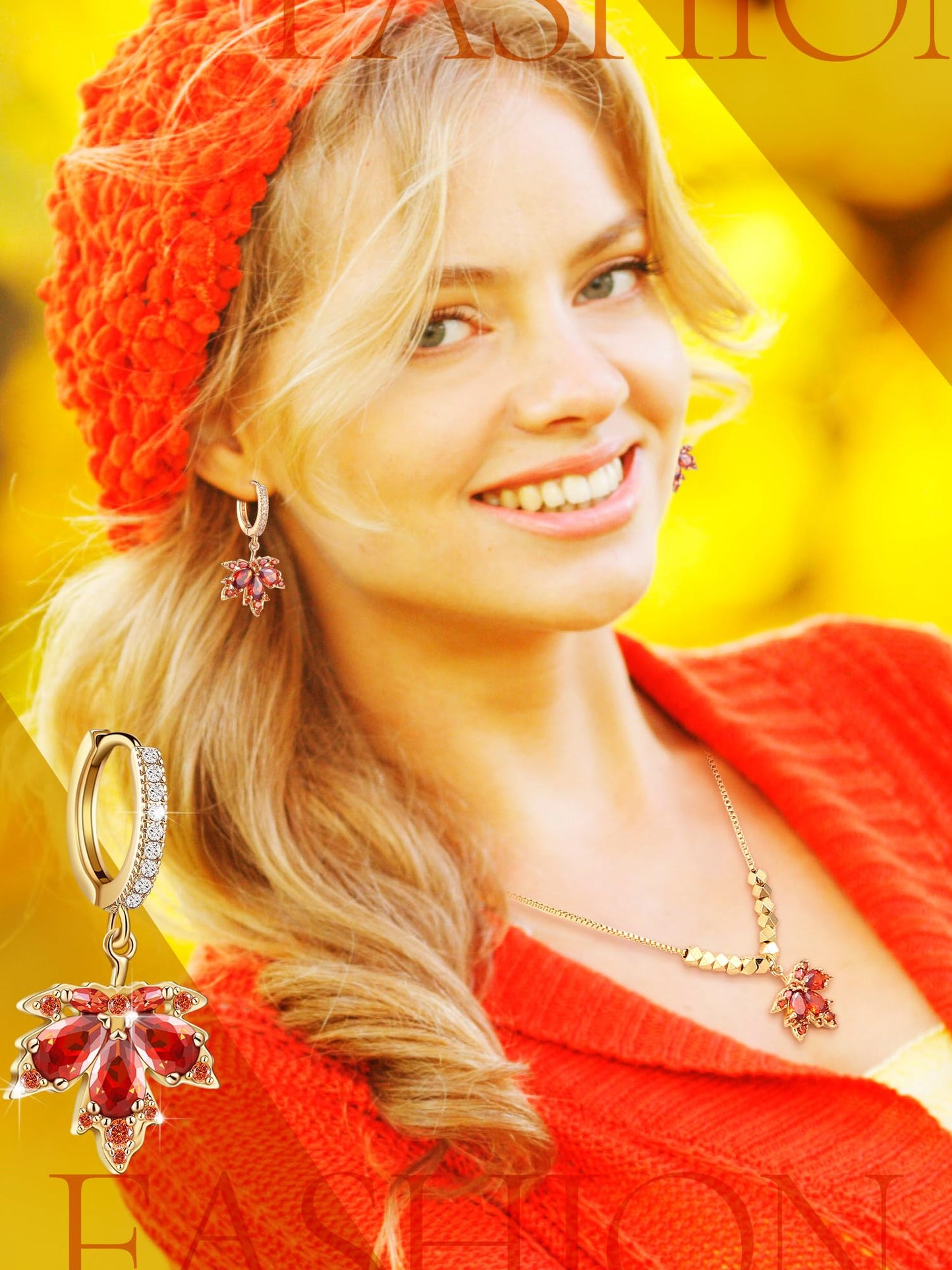 Sasylvia 4 Pcs Autumn Maple Leaf Fall Jewelry Set for Women Necklace Rhinestone Bracelet 2 Maple Leaf Earring Accessory Gift(Vintage)