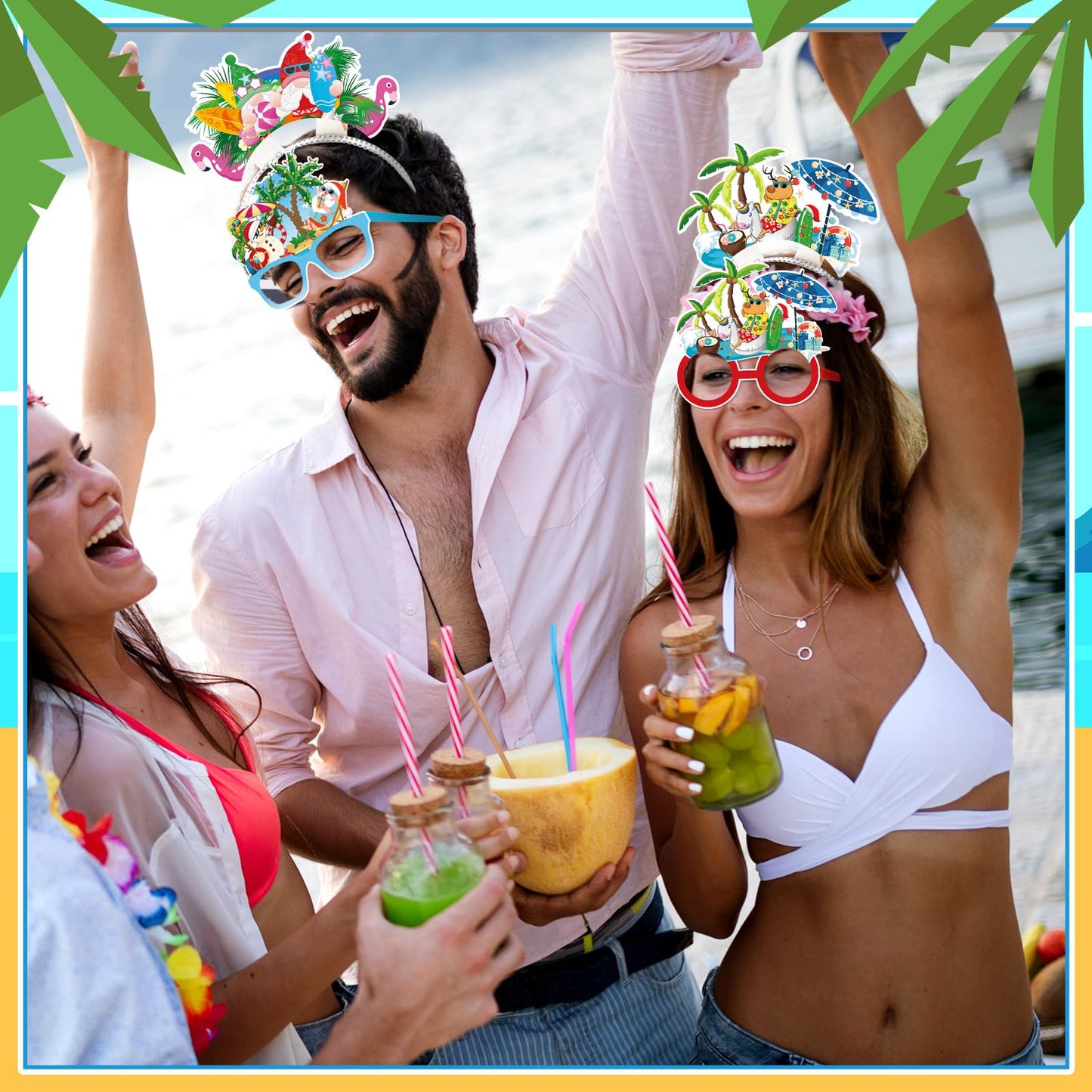 Yuxung 24 Pcs Christmas Party Favors, Summer Christmas Paper Eyeglasses and Headbands, Hawaiian Party Supplies Photo Booths Tropical Beach Santa Holiday Decorations