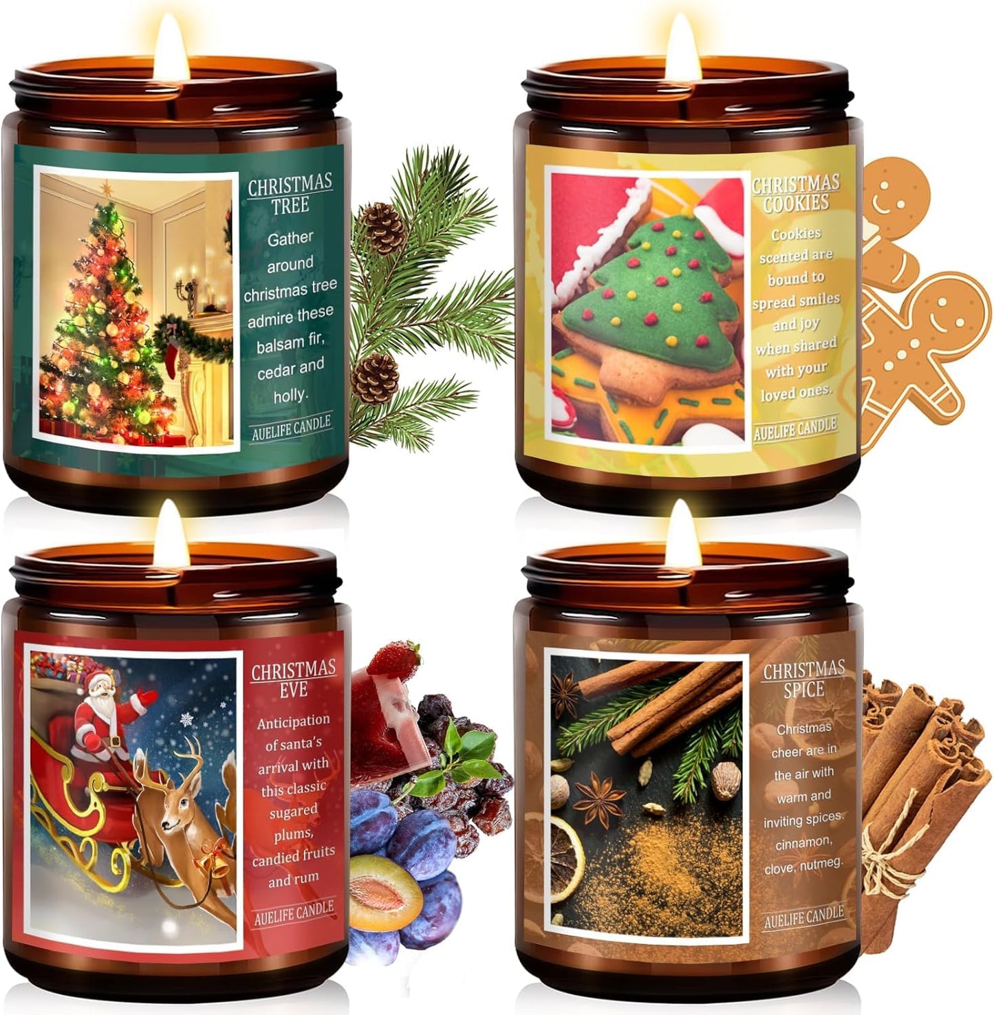 Christmas Candle Set | 4Pack Scented Candles Holiday Candle Gifts - Soy Candles Home Scented, Xmas Gift for Women and Men - Scents of Christmas Tree/Spice/Cookies/EVE