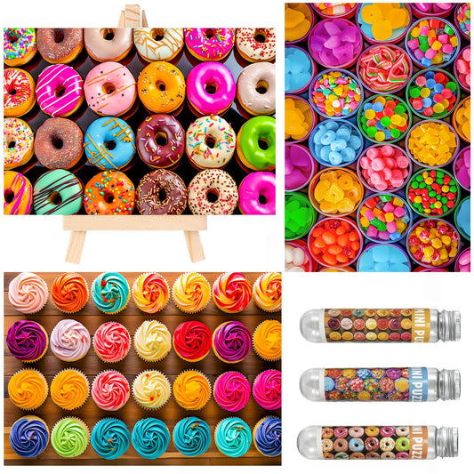 Small Jigsaw Puzzles for Adults 150 Pieces Vintage Candy Cupcake Donut Mini Jigsaw Puzzles Challenging Mini Puzzles Tiny Jigsaw Puzzles 6 x 4 Inches, 3 Pcs,Mini Easel Included