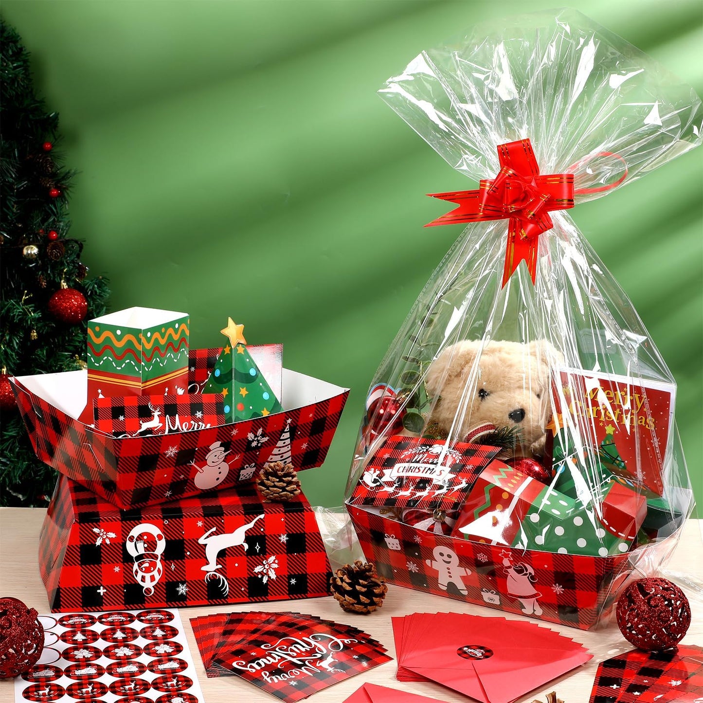 96PCS Christmas Basket for Gifts Holiday DIY Bulk Gift Basket Empty Buffalo Plaid Christmas Gift Baskets Empty to Fill Large Gift Baskets Empty Bulk For Beautiful Gifts Holiday Xmas Party Decorations