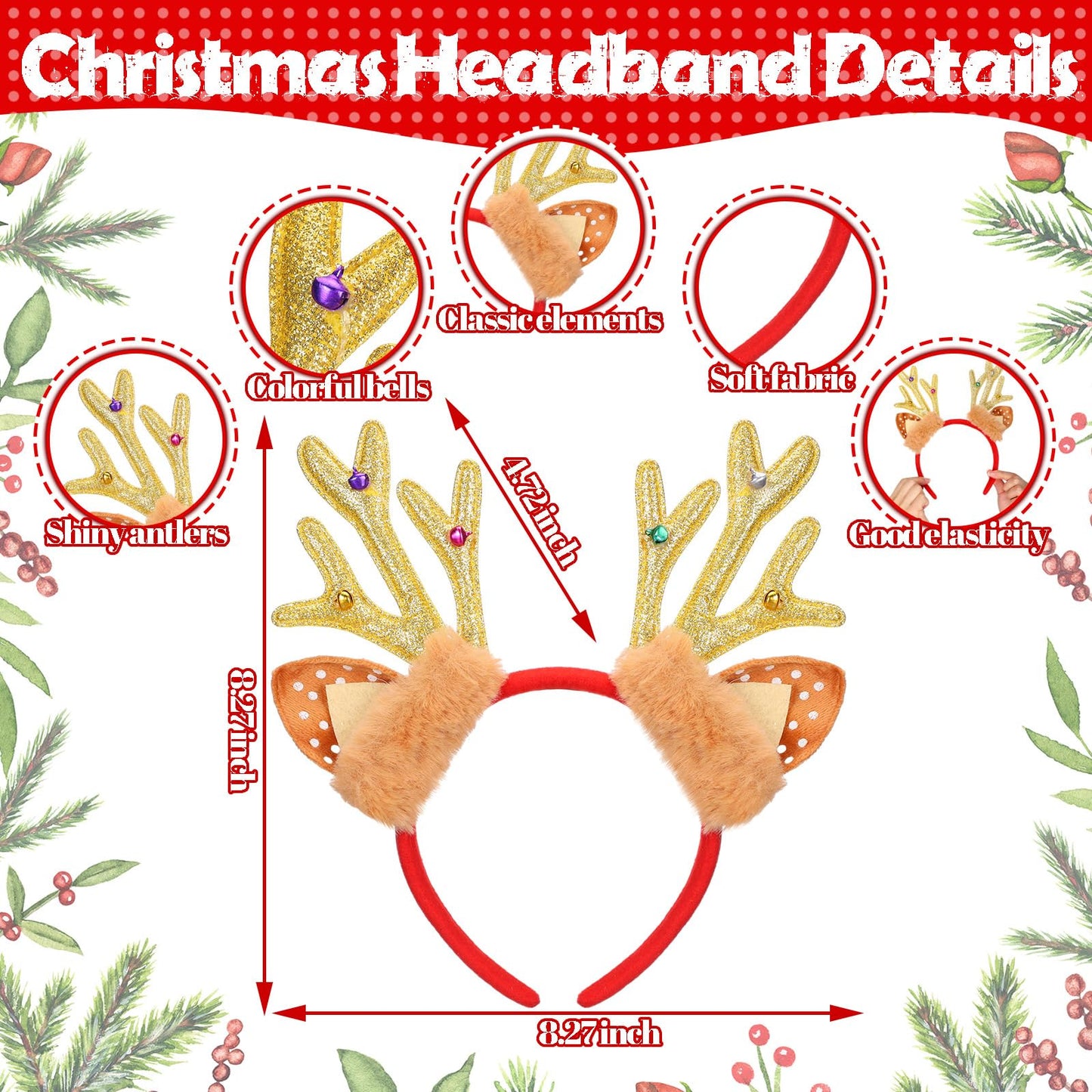 Crowye 6 Pcs Christmas Reindeer Antlers Headband Xmas Glitter Elk Antlers Headband for Hair Accessories(Sequin Bell)