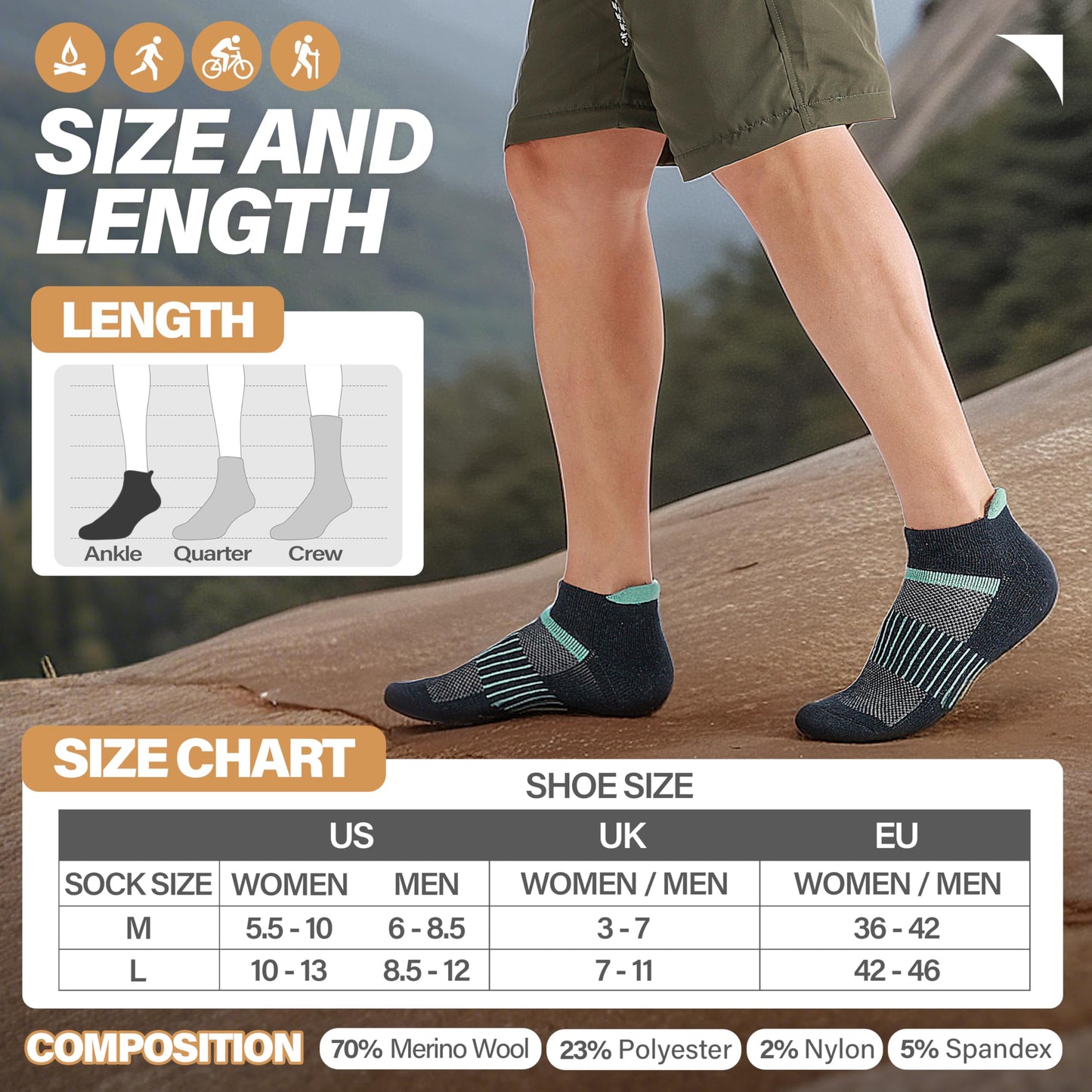 Anlisim Merino Wool Quarter Hiking Socks Compression Warm Thermal Winter Thick Cushion Running Moisture Wicking No Show Socks Gifts Stocking Stuffers for Women Men 6 Pairs(Color Mix,L)