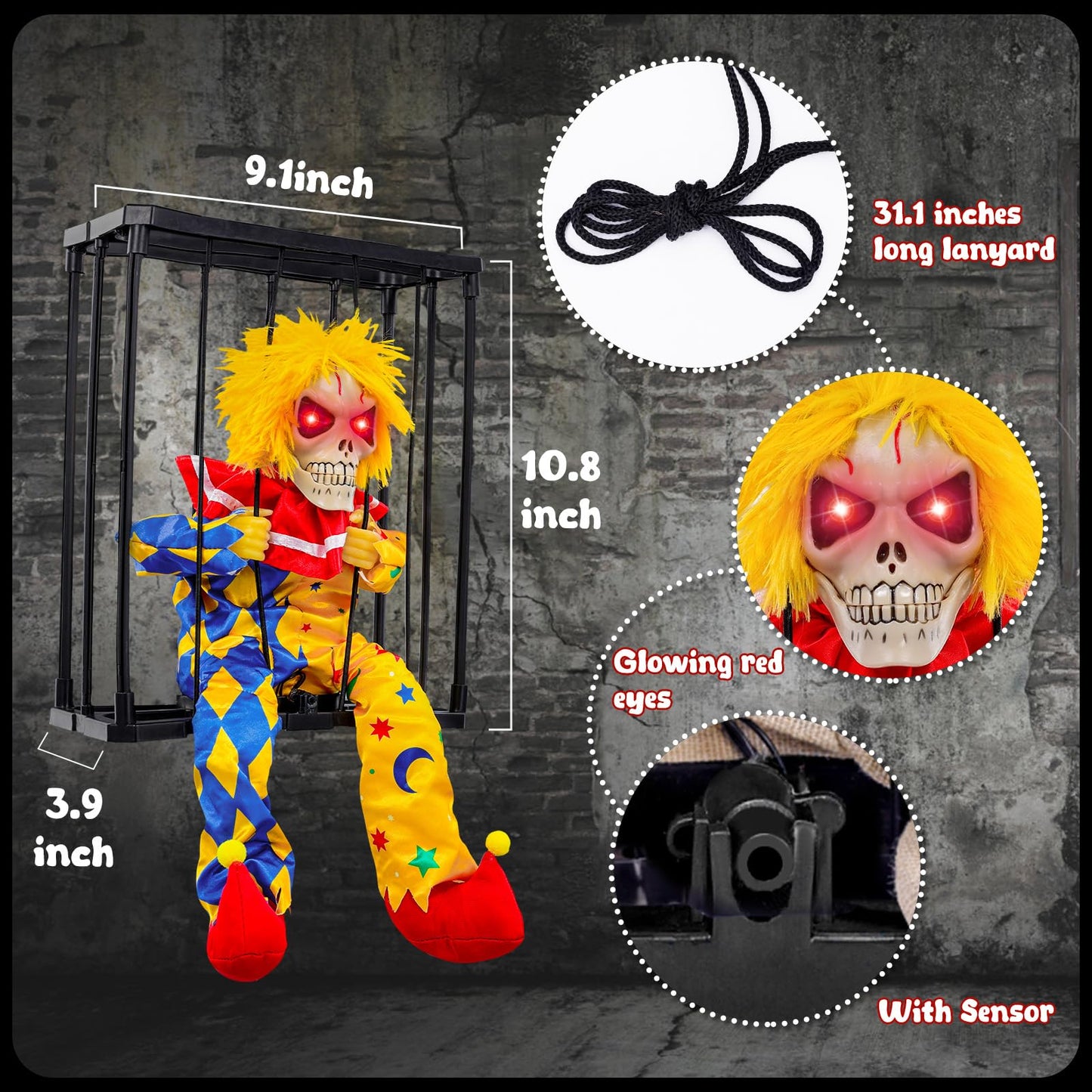 MGparty Halloween Screaming Animated Decorations Halloween Decor Prop with Motion Sensor Scary Skull Cage Prisoner Spooky Hanging Ghost Light Up Eyes