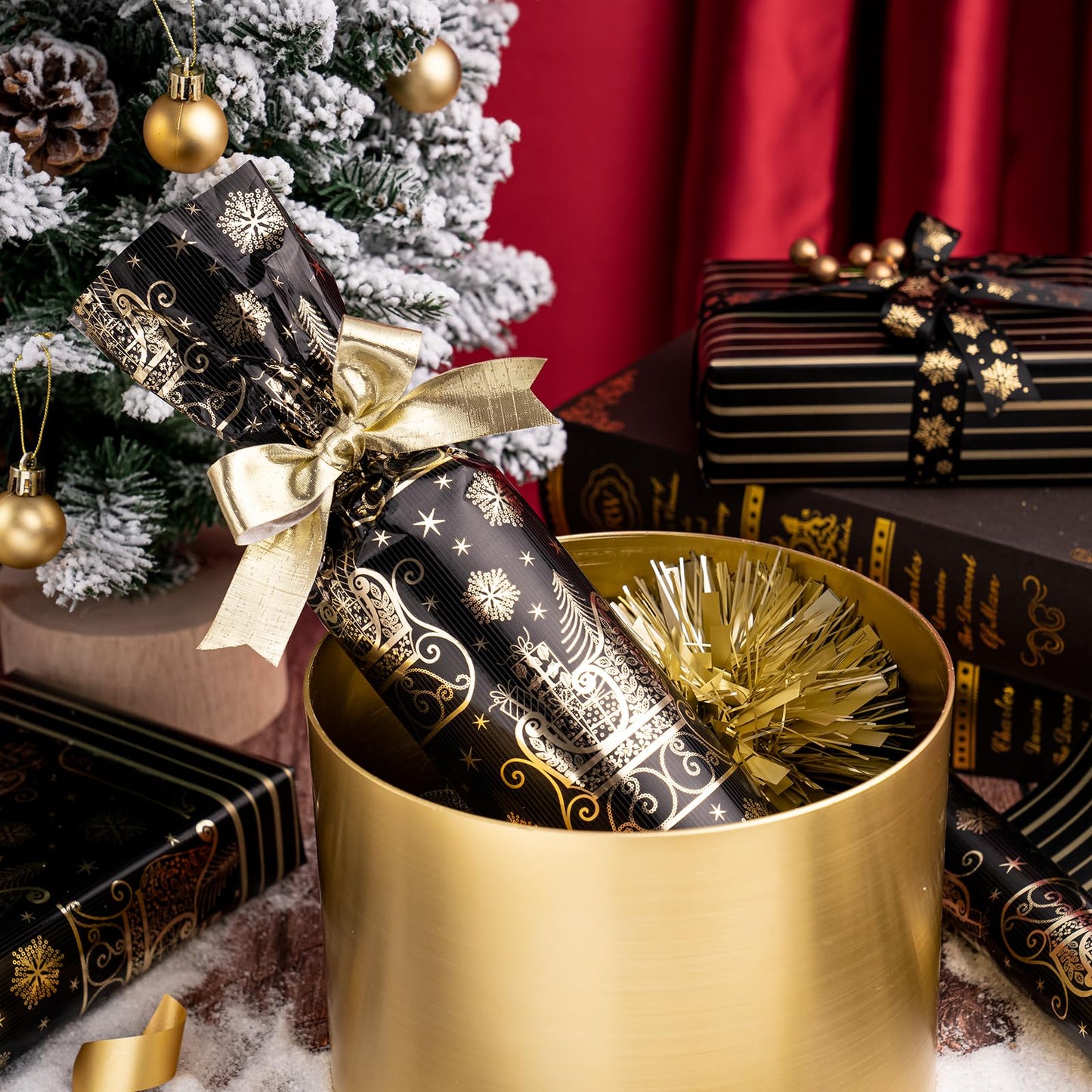 WRAPAHOLIC 30 Inch Jumbo Reversible Black and Gold Christmas Wrapping Paper - 30 Inch x 33 Feet - Black Gold Sleigh and Stripe Wrapping Paper with Metallic Foil for Christmas, Holiday, Party