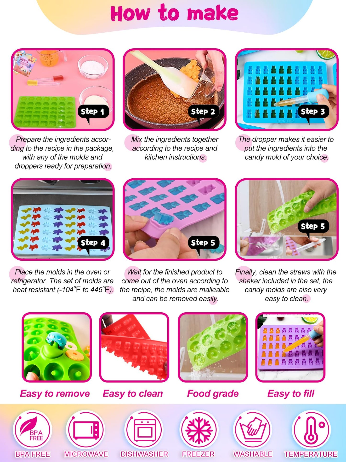 117Pcs Silicone Gummy Bear Molds Kit with 100 Wrappers, 5 Recipe Cards, 4 Droppers & 2 Brushes,Non-Stick Candy Mold for DIY Chocolate, Gummy Bears, Party Favors (Dinosaur, Bear, Fruits, Donut Shapes)