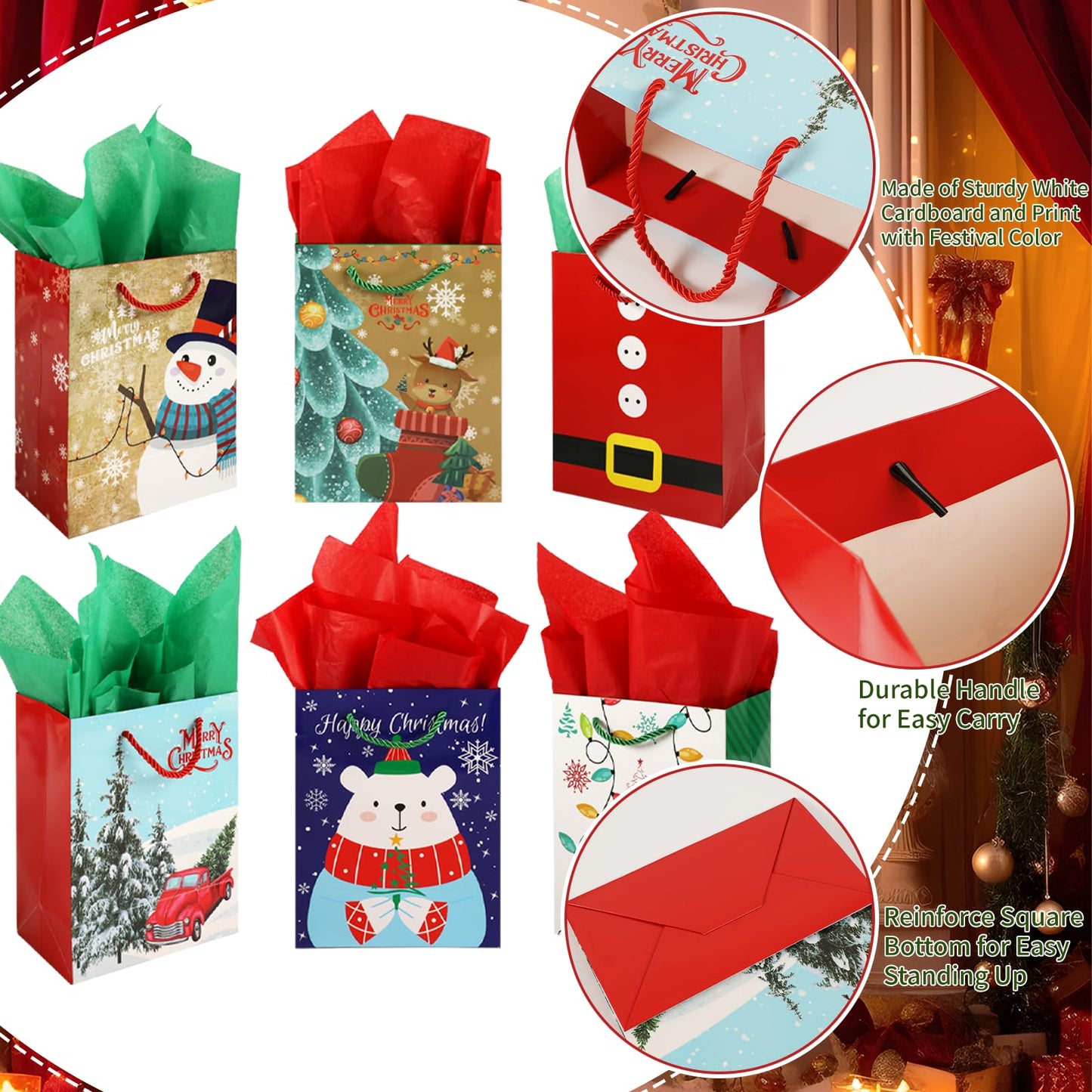 Qukou Christmas Bags for Gift with 24 Sheet Tissue Paper, 24 PCS Xmas Paper Party Gift Candy Bags for Christmas Party Favors (24)