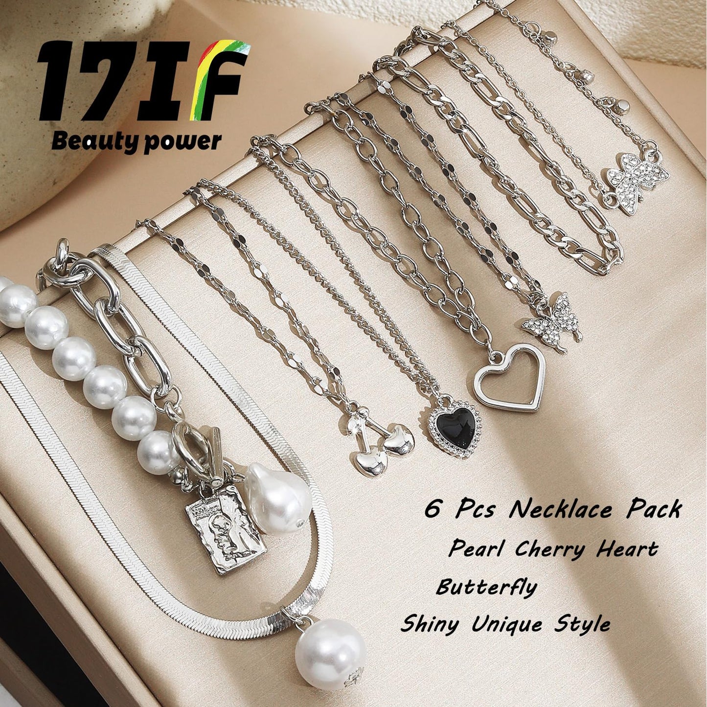 17IF 53 PCS(8 PACK) Silver Plated Jewelry Set with 6 Necklace 11 Ankle Bracelet 30 Kunckle Ring 6 Pair Earring hoop Vintage Boho Pearl for Women and Birthday Travel Holiday