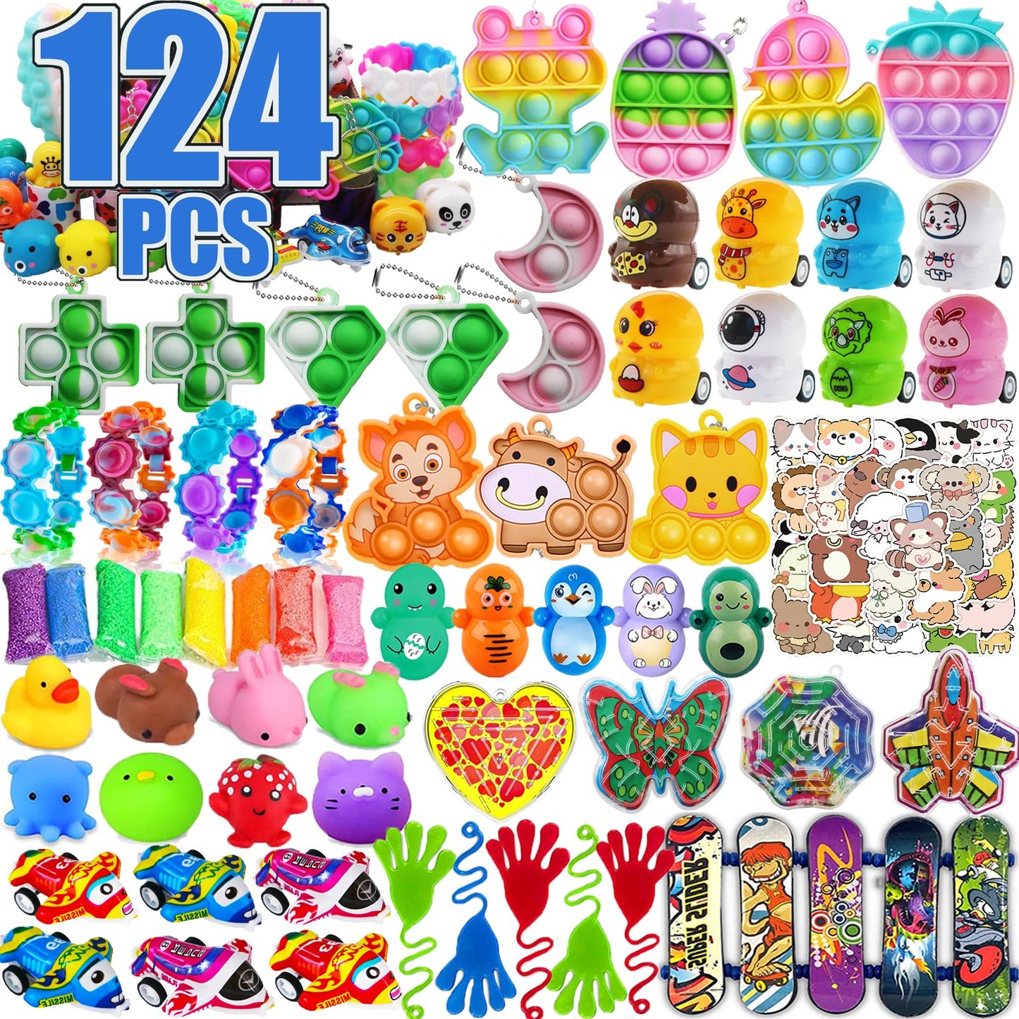 124 PCS Pop Party Favors for Kids, Fidget Treasure Box Toys for Classroom, Pinata Filler, Treasure Chest Carnival Prizes, Goodie Bag Stuffers, Prize Box Bulk Toys for Boys Girls 4-8-12