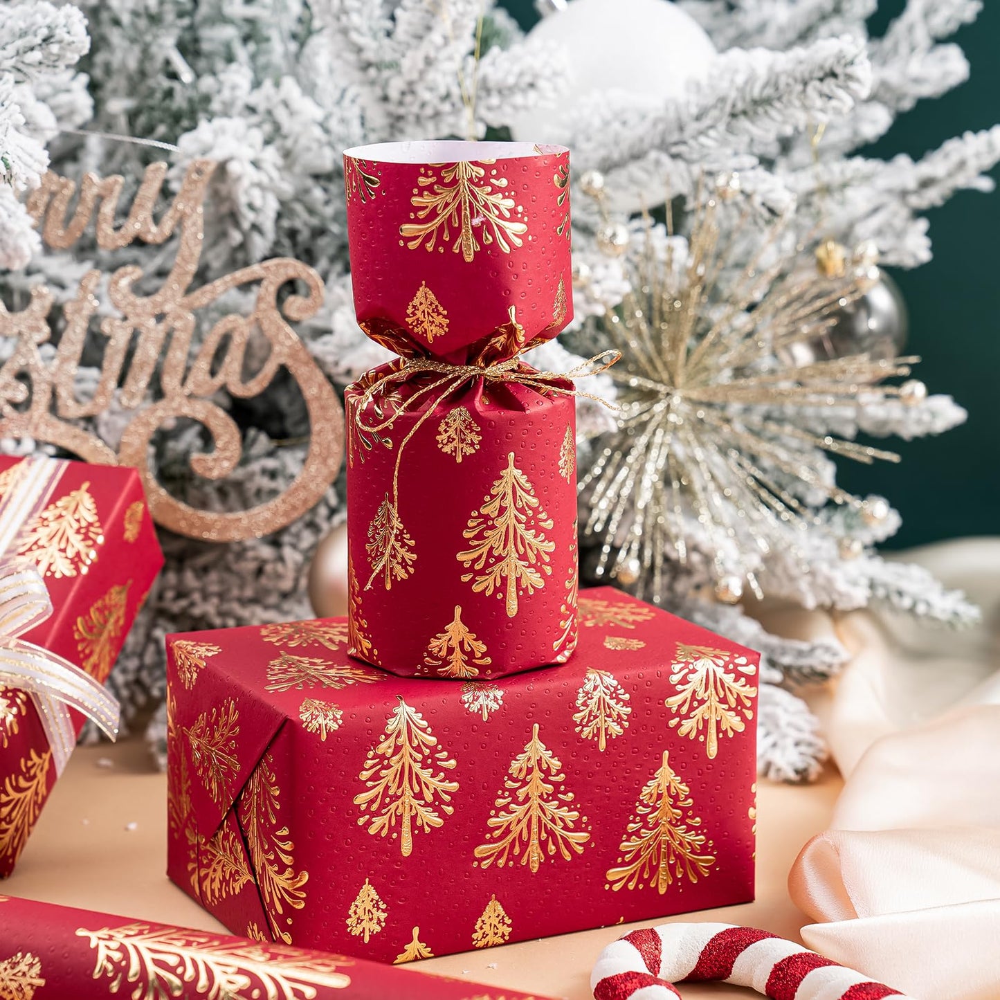 WRAPAHOLIC 30 Inch Jumbo 3D Kraft Christmas Wrapping Paper - 30 Inch x 16.5 Feet - Gold and Red Christmas Tree Wrapping Paper with Embossed Perfect for Holiday, Party Celebration