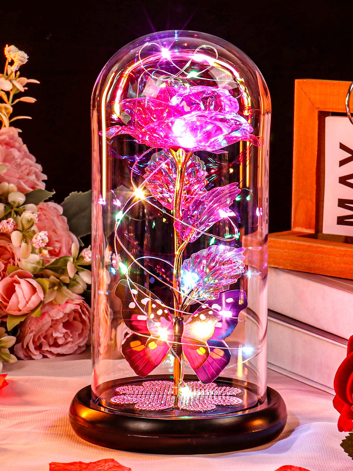 Birthday Gifts for Women Mom, Galaxy Glass Rose Forever Eternal Crystal Flower Light Up Rose in Glass Dome with Butterfly Mothers Day Christmas Rose Gifts for Her Wife Grandma Daughter Friends Pink