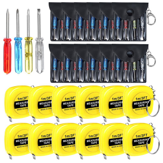 24 Pcs Tape Measure and Screwdriver Keychain Set, 1.5 Inch Functional Mini Tape Measures with Stable Slide Lock Construction Party Favors Measure for Birthday Party Favors Gift Bag Fillers 1m/ 3ft
