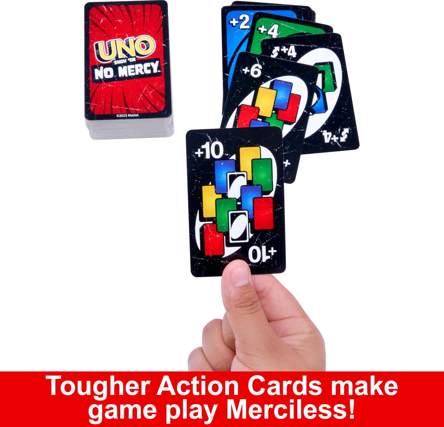 Mattel Games UNO Show ‘em No Mercy Card Game in Storage & Travel Tin for Kids, Adults & Family Night with Extra Cards, Special Rules & Tougher Penalties (Amazon Exclusive)