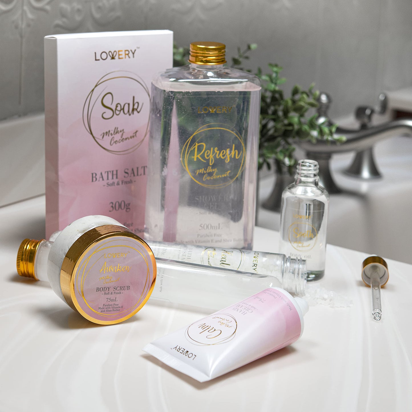 Luxury Bath Gift Set - Home Spa Gift Basket with Milky Coconut Scent, Vitamin E & Shea Butter with Shower Gel, Bath Salt & Crystals, Body Scrub, Hand Cream, Body Oil, Bath Pillow, Wooden Crate & More