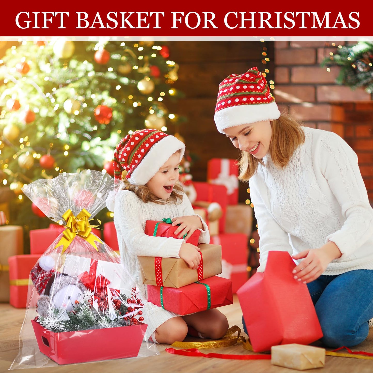 AFOROEOA 10PACK Baskets For Gifts Empty, 10 x 8”Thick Red Gift Basket with 10 Clear Gift Bags and 10 Pull Bows, Empty Gift Baskets for Christmas, Thanksgiving Wedding Birthday Party Wrapping Gift