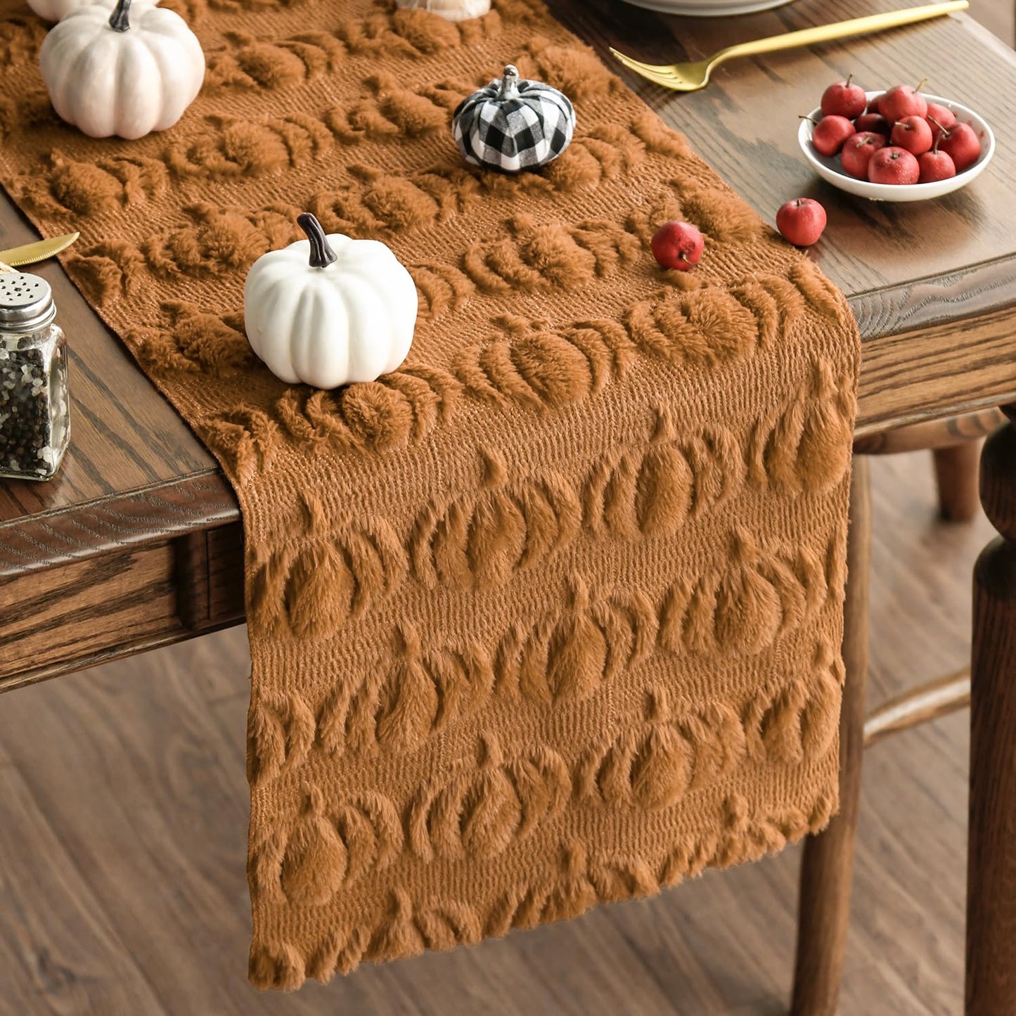 Artoid Mode Caramel Soft Plush Faux Fur Jacquard Pumpkins Fall Table Runner, Seasonal Autumn Kitchen Dining Table Decoration for Home Party Decor 13x72 Inch