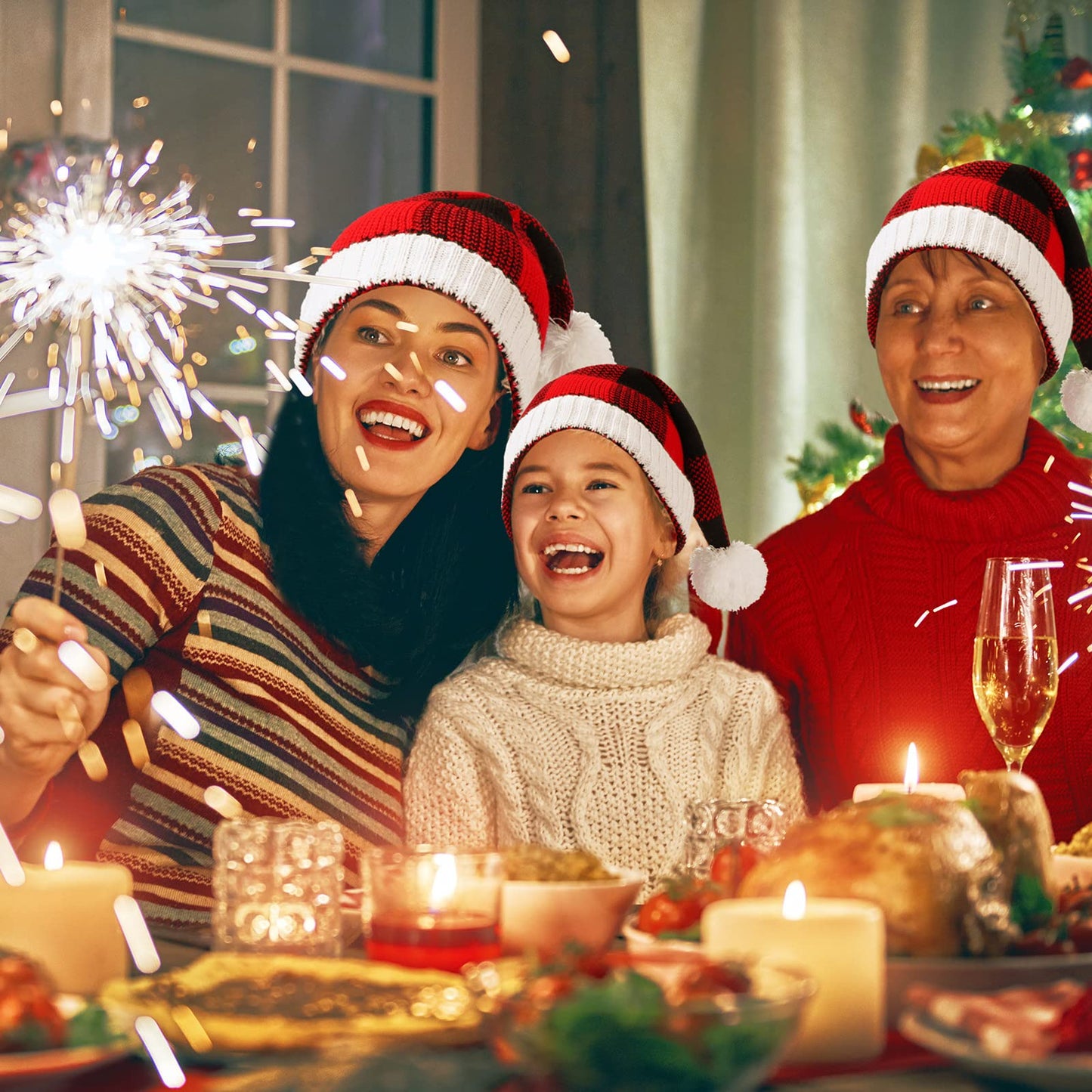 Loopeer 3 Pieces Christmas Hats Christmas Knitted Caps Winter Warm Beanie Plaid Hats with Pom Pom Santa(Red, Black)