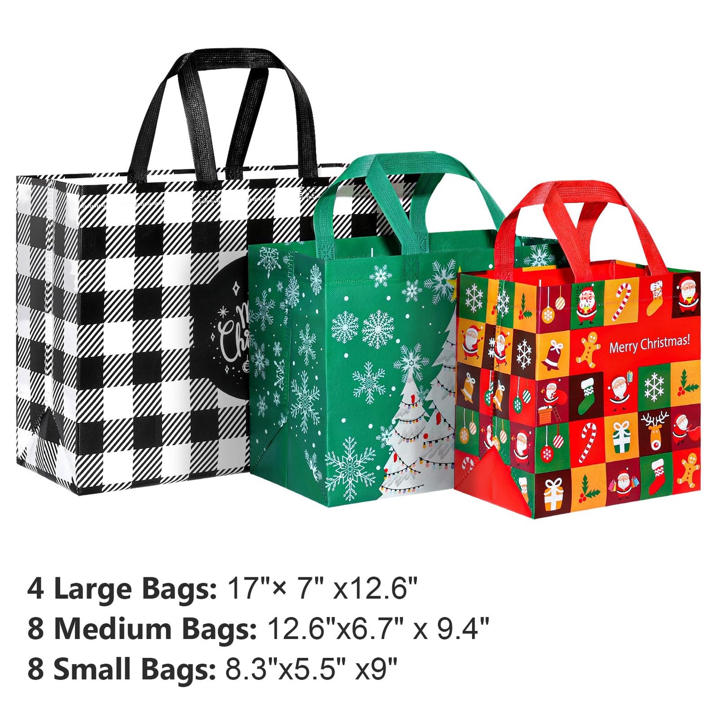 YANGTE 20 Pack Christmas Gift Bags Assorted Sizes, Reusable Tote Bags with Handle, Includes 4 Large 8 Medium 8 Small Non-Woven Christmas Bags for Xmas Party Favors
