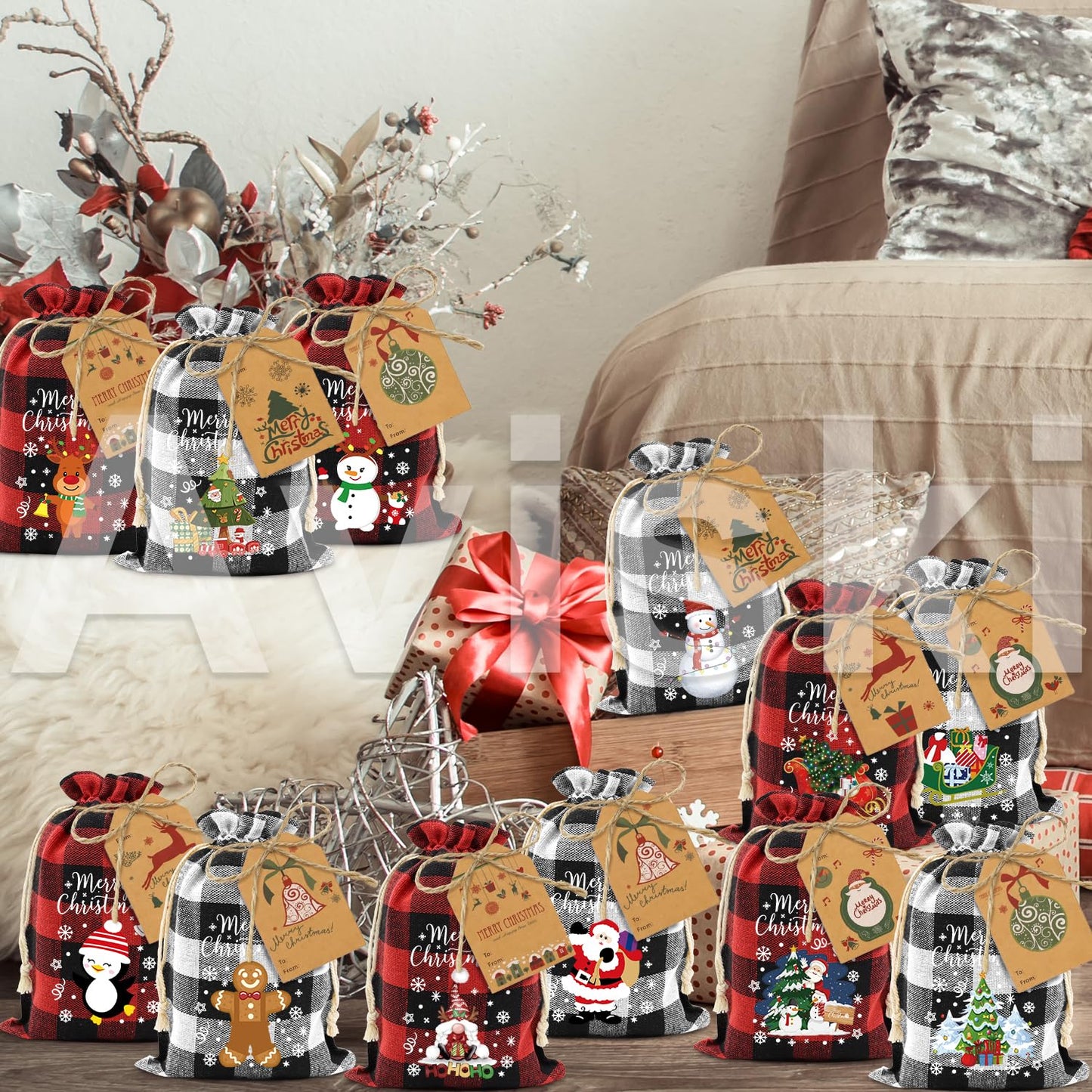Aviski 72PCS Cotton Medium Christmas Drawstring Candy Treat Bags Buffalo Plaid Xmas Xmas Christmas Fabric Goody Gift Sacks Reusable Gift Wrapping Bags Holiday Party Favors - Red/White