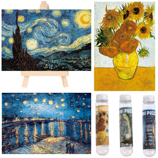 Small Jigsaw Puzzles for Adults Challenging Puzzle Small Puzzles Mini Jigsaw Puzzles for Adults 150 Pieces Starry Night Rhone River Sunflower 6 x 4 Inches,3 Pack,Mini Easel Included