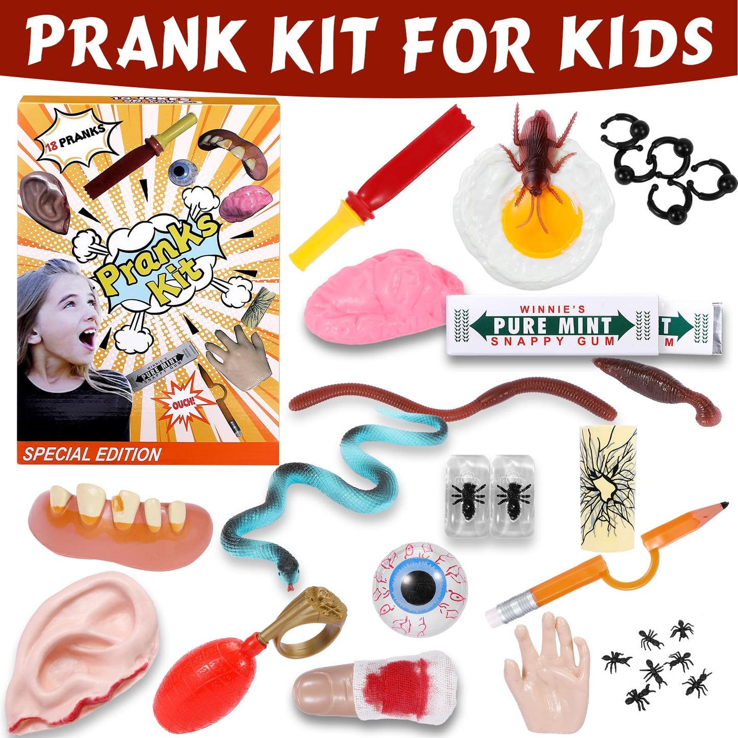 Prank Kit for Kids - 18 Gags & Practical Joke Toys - Prank Stuff for April Fools - Ultimate Practical Jokes - Gag Gifts for Kids - Big Funny Toys Pack Set Box