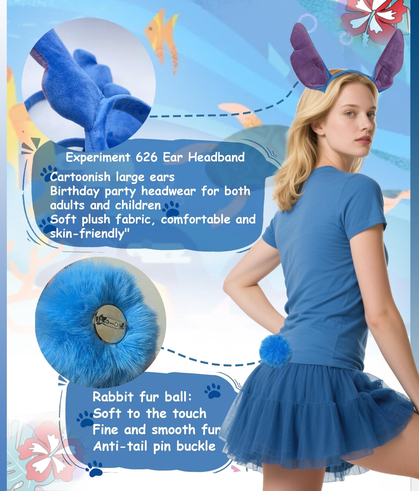OUHAICUST Unisex Blue Stitch Ears Headband Tail Glasses Hawaiian Lei Costume Accessories Blue Little Monster Kit Halloween Cosplay