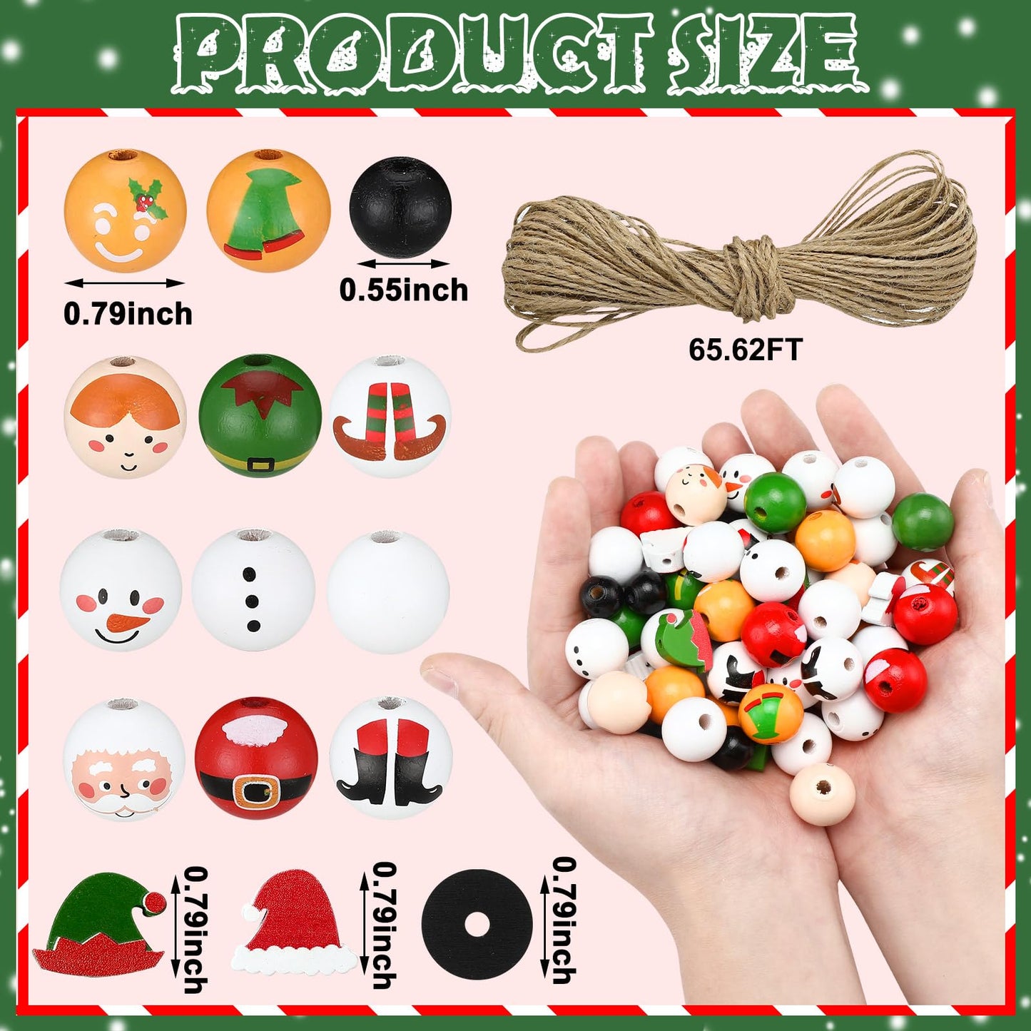 Suzile 150 Pcs Christmas Wood Beads with Twine Xmas Santa Gingerbread Man Snowman Elf Wooden Bead Farmhouse Rustic Round Wooden Beads for Crafts DIY Christmas Winter Party Supplies Decor Ornaments