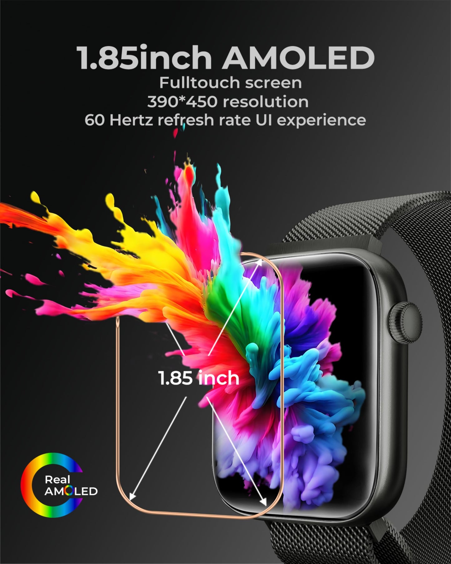 Smart Watch for Men/Women, 1.85" AMOLED Touchscreen, Make/Answer Calls, Fitness Tracker with Heart Rate, Blood Oxygen, Sport Modes, Waterproof Watches Compatible with Android & iPhone(4 Watch Bands)