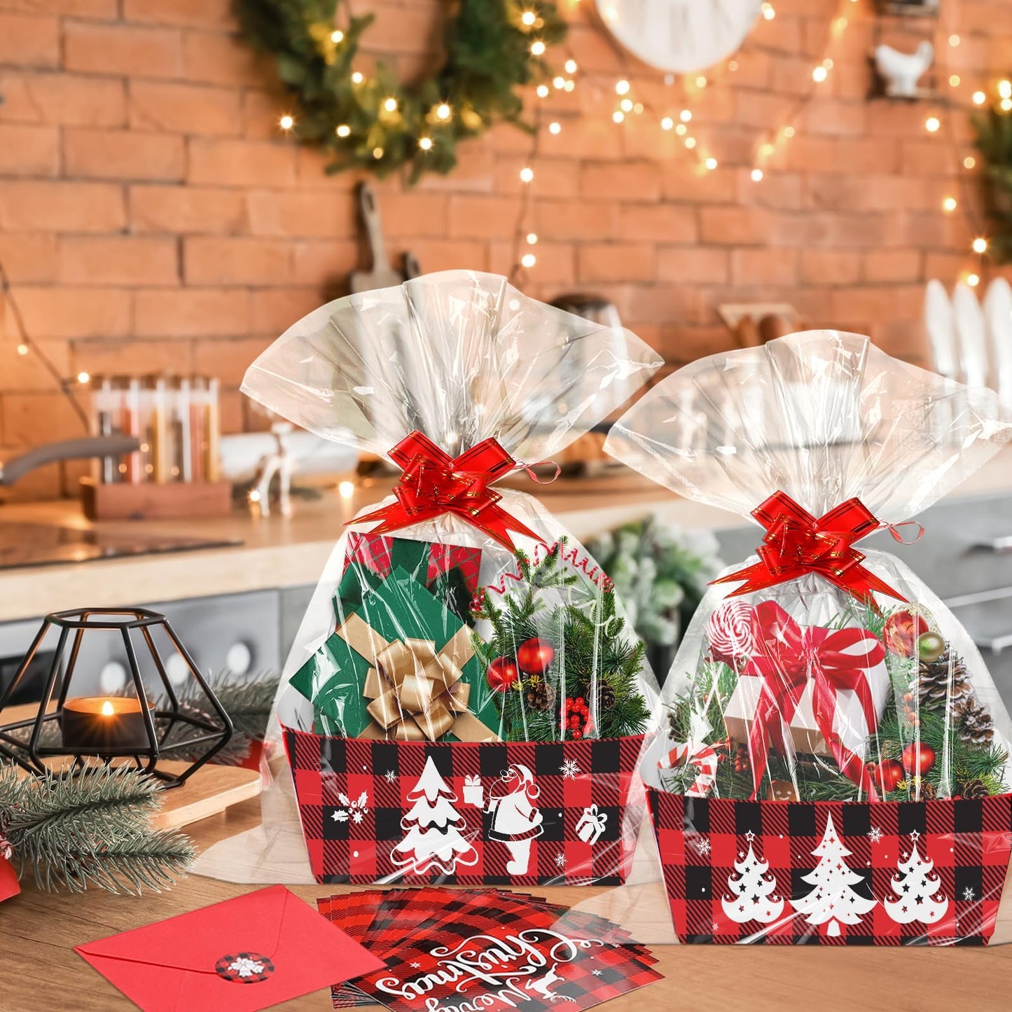 96PCS Christmas Basket for Gifts Holiday DIY Bulk Gift Basket Empty Buffalo Plaid Christmas Gift Baskets Empty to Fill Large Gift Baskets Empty Bulk For Beautiful Gifts Holiday Xmas Party Decorations
