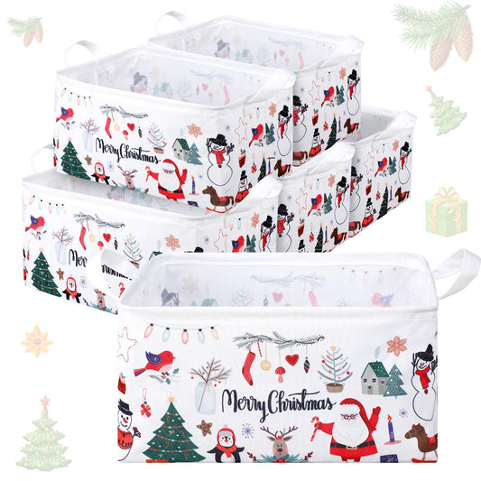 Maxcheck 6 Pcs Large Christmas Santa Storage Basket Foldable Christmas Gift Basket Rectangle Xmas Present Storage Boxes Bin Fabric Laundry Storage Organizer with Handles for Cloth Toy