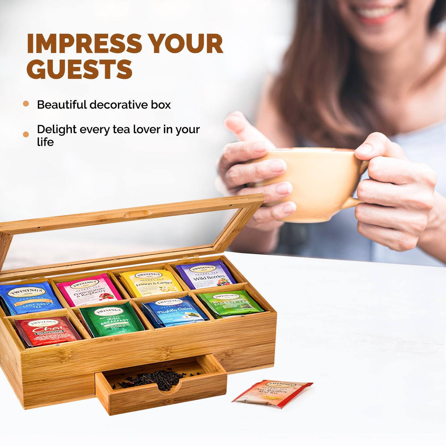 Tea Bag Organizer - Bamboo Tea Box Storage with Drawer & Acrylic Window, Tea Organizer Holder, Tea Bag Holder, Tea Storage Box, Tea Box Organizer, Holiday Gift Idea for Home Kitchen (Tea Not Included)