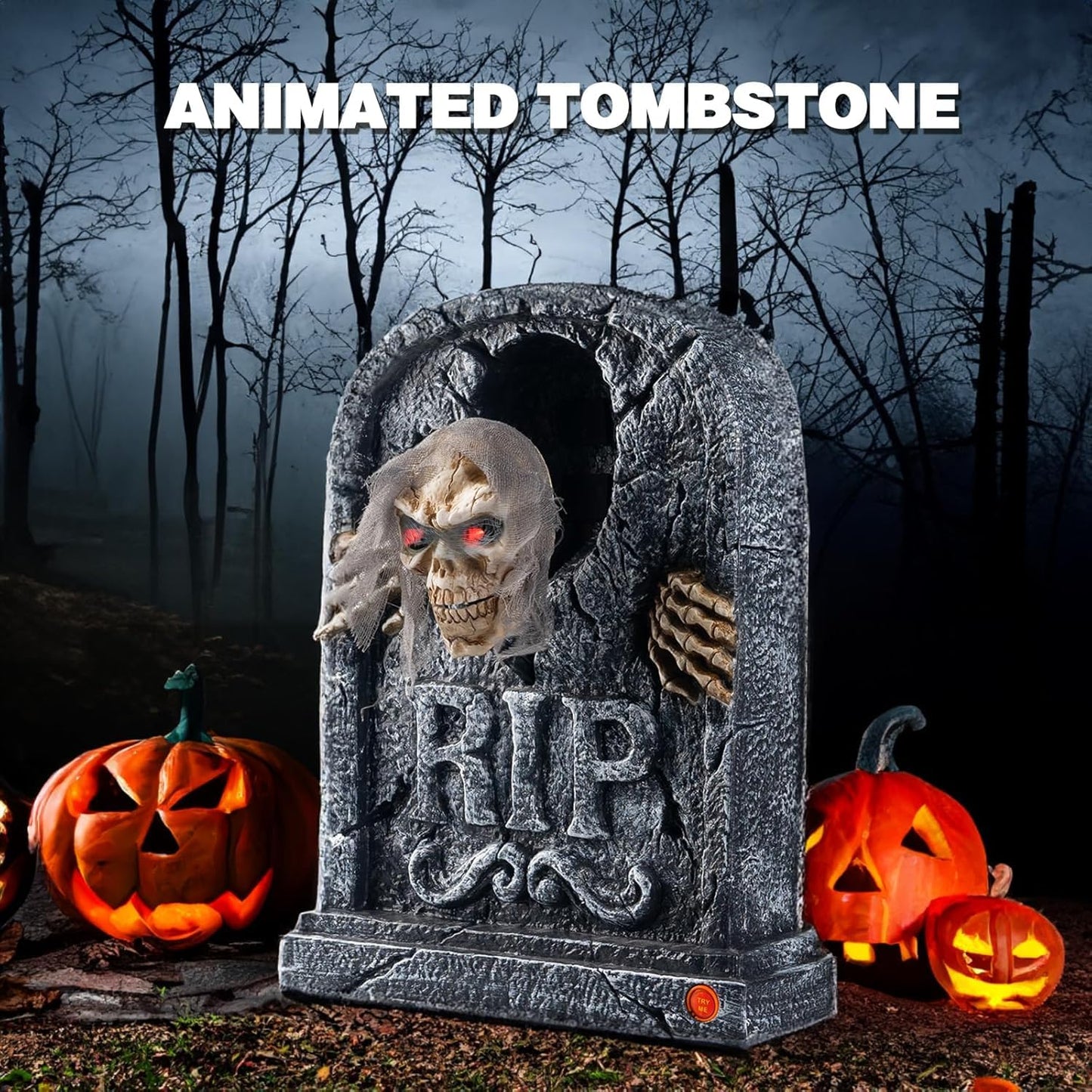 Candieslife Halloween Animatronics Zombie Tombstone - LED Gravestone Decorations with Skeleton Skull, Light Up Eyes, Motion Activated, Creepy Voice, Scary Motion Haunted Horror Prop for Indoor/Outdoor