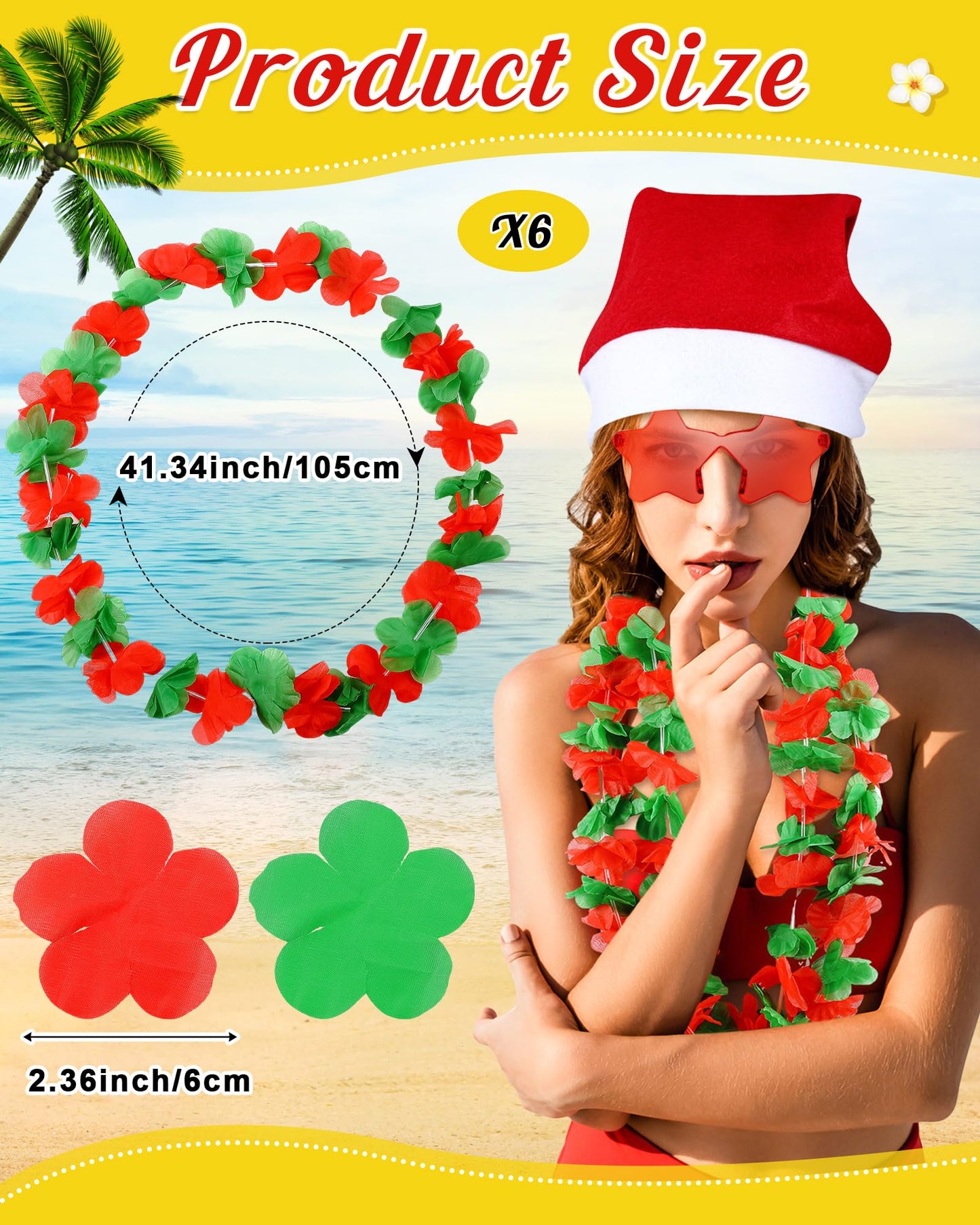 Mepase 18 Pcs Christmas in July Party Supplies Christmas Santa Hats Hawaiian Flower Leis Star Glasses for Adults Summer Party