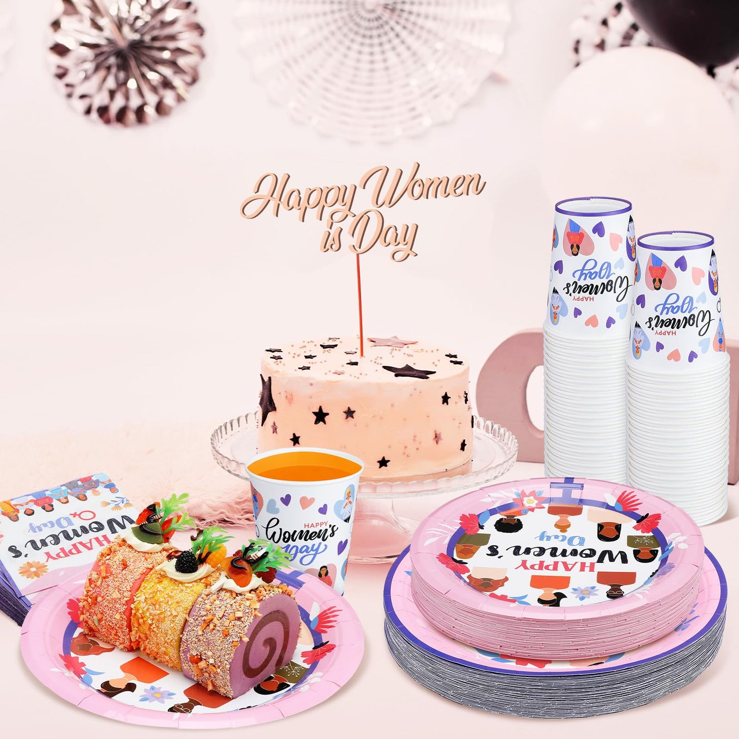 Teenyyou 200 Pcs Women's Day Party Supplies Womens History Month Decorations International Womens Day Decoration Plate and Napkin Set Serve 50 Guest Disposable Dinnerware for Birthday Holiday Supplies