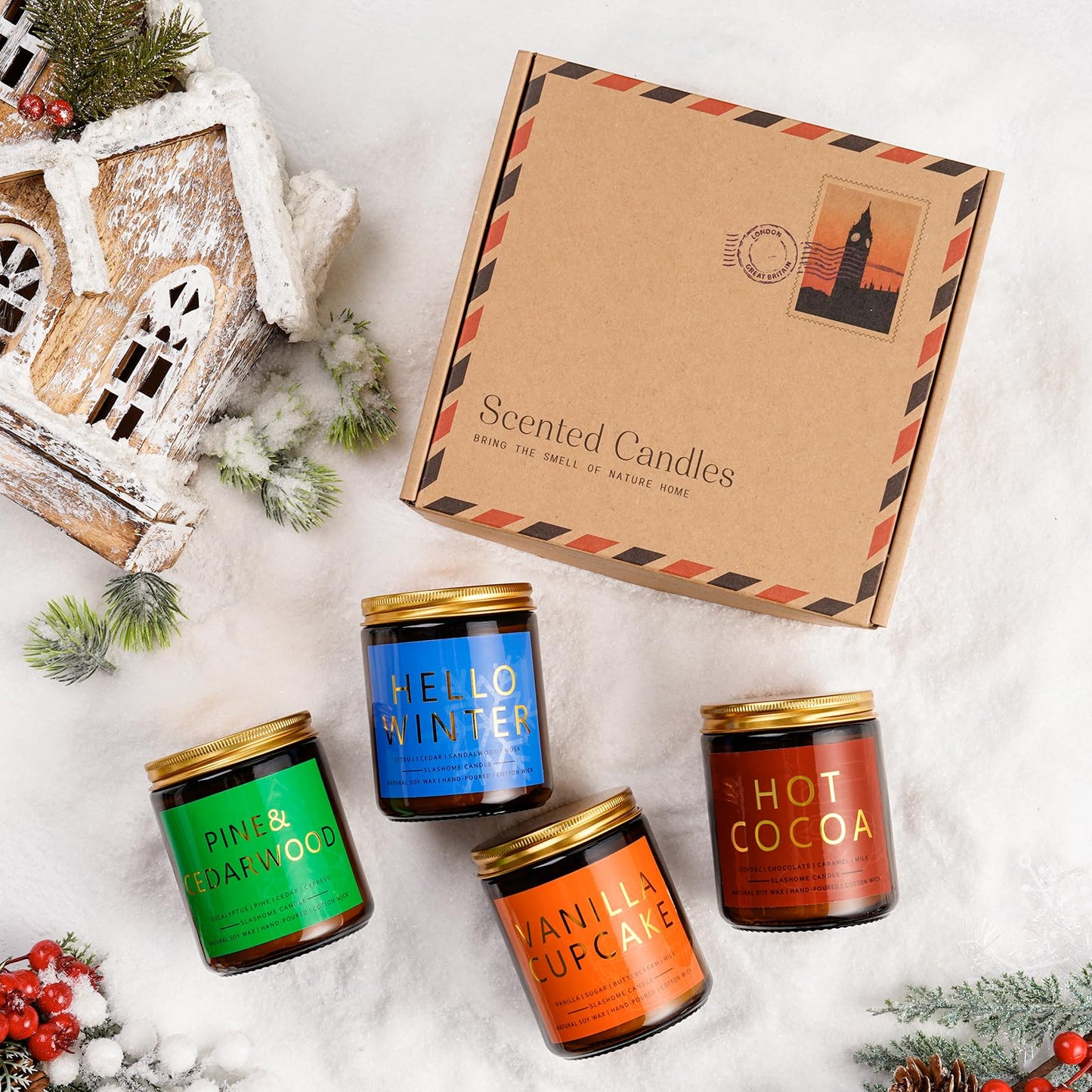 Winter Candle Set | 4 Pack Scented Candles for Home | Holiday Gifts for Women Men | Soy Candles for Home Scented | Christmas Scents of Hello Winter/Pine&Cedarwood/Hot Cocoa/Vanilla Cupcake