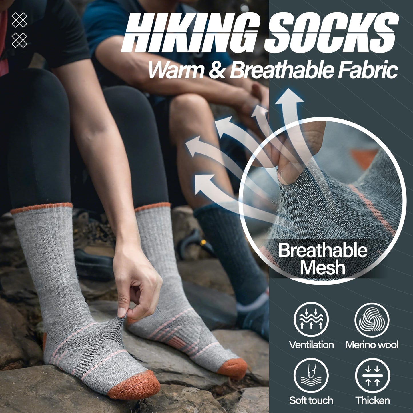 ANTSANG Merino Wool Socks for Men & Women Thermal Winter Hiking Warm Thick Athletic Crew Cozy Boot Work Gift Socks Stocking Stuffers 5 Pairs (Orange/Green/Blue/Black/Dark Grey A,L)