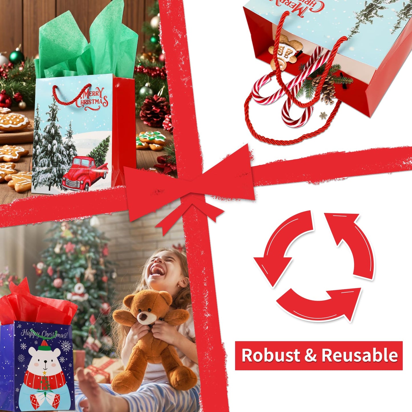 Qukou Christmas Bags for Gift with 24 Sheet Tissue Paper, 24 PCS Xmas Paper Party Gift Candy Bags for Christmas Party Favors (24)