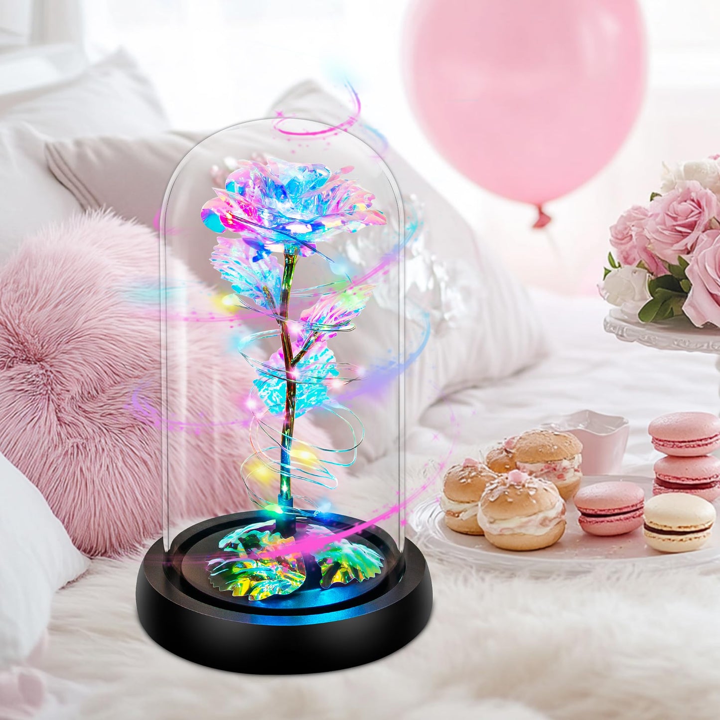 Childom Birthday Gifts for Women,Flowers for Delivery Prime,Rotating Colorful Rainbow Light Up Rose in A Glass Dome,Spinning Christmas Rose Gifts for Her Mom Wife Girl Grandma on Anniversary Valentine