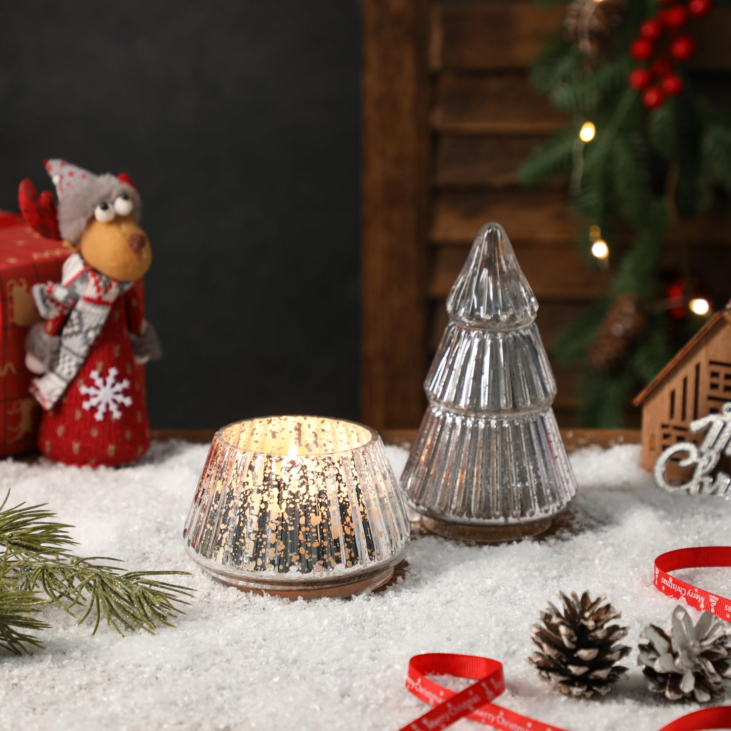 Tree Shaped Scented Candle Gift, Balsam Cedar Scented Candle, Holiday Winter White Silver Mercury Glass Tree Candle, 8oz