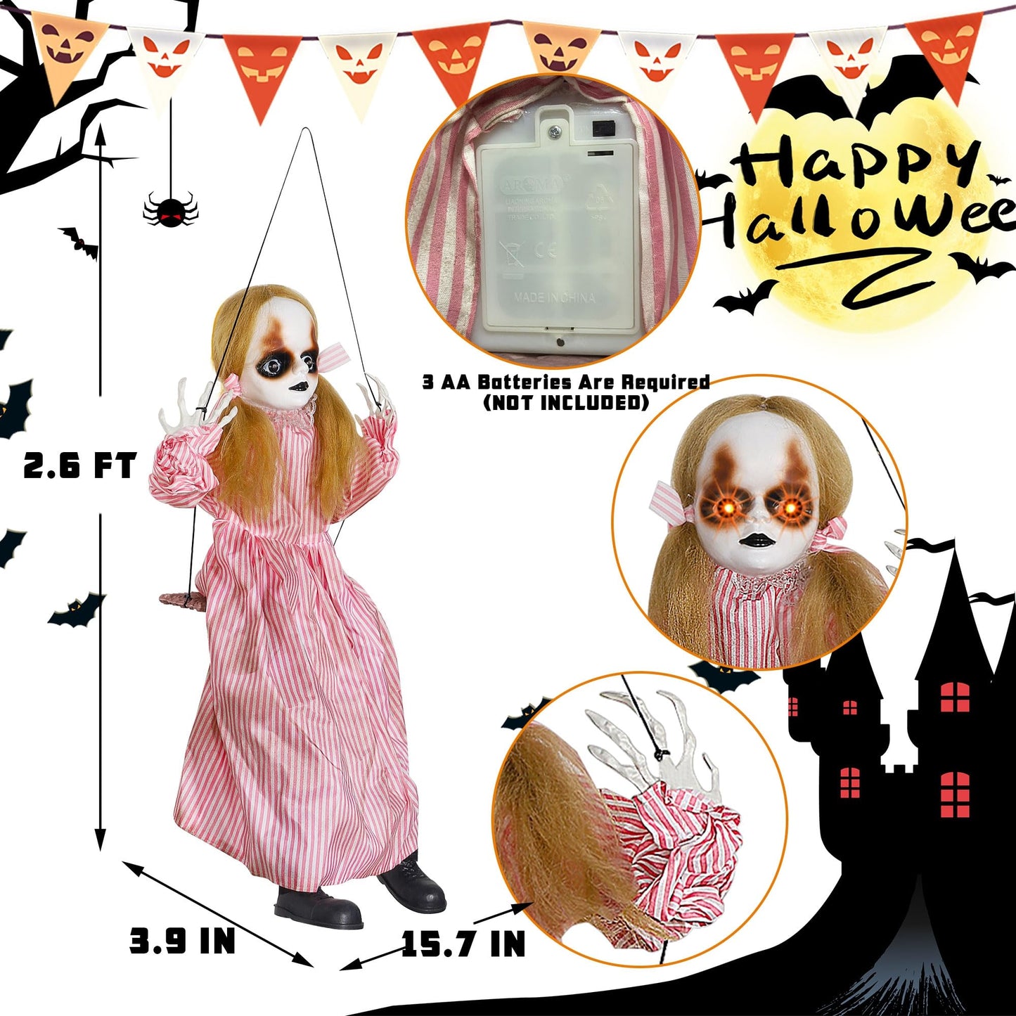 Treewoll Halloween Hanging Ghost Props, 2.6FT H Life-Sized Voice-Activated Pink Skirt Girl Sitting on Swing with Lighted Eyes & Kicking Legs & Eerie Sound for Haunted House Trees Spooky Party Decor
